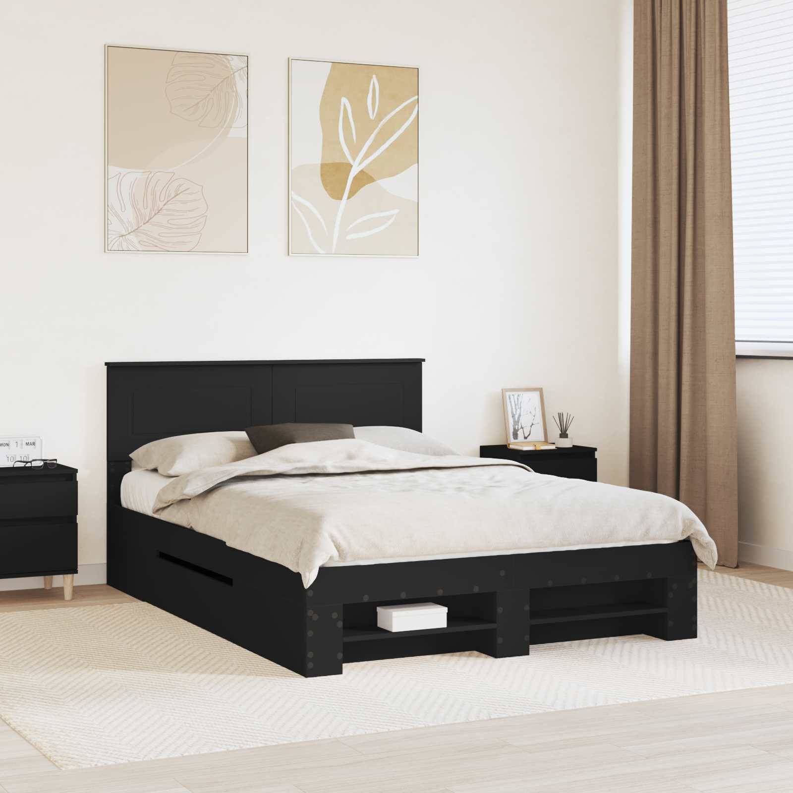 Ein modernes Schlafzimmer mit einem schwarzen Plattformbett, weißer Bettwäsche, zwei schwarzen Nachttischen, abstrakter Kunstwerken in hellen Farben über dem Bett und einem beigen Teppich.