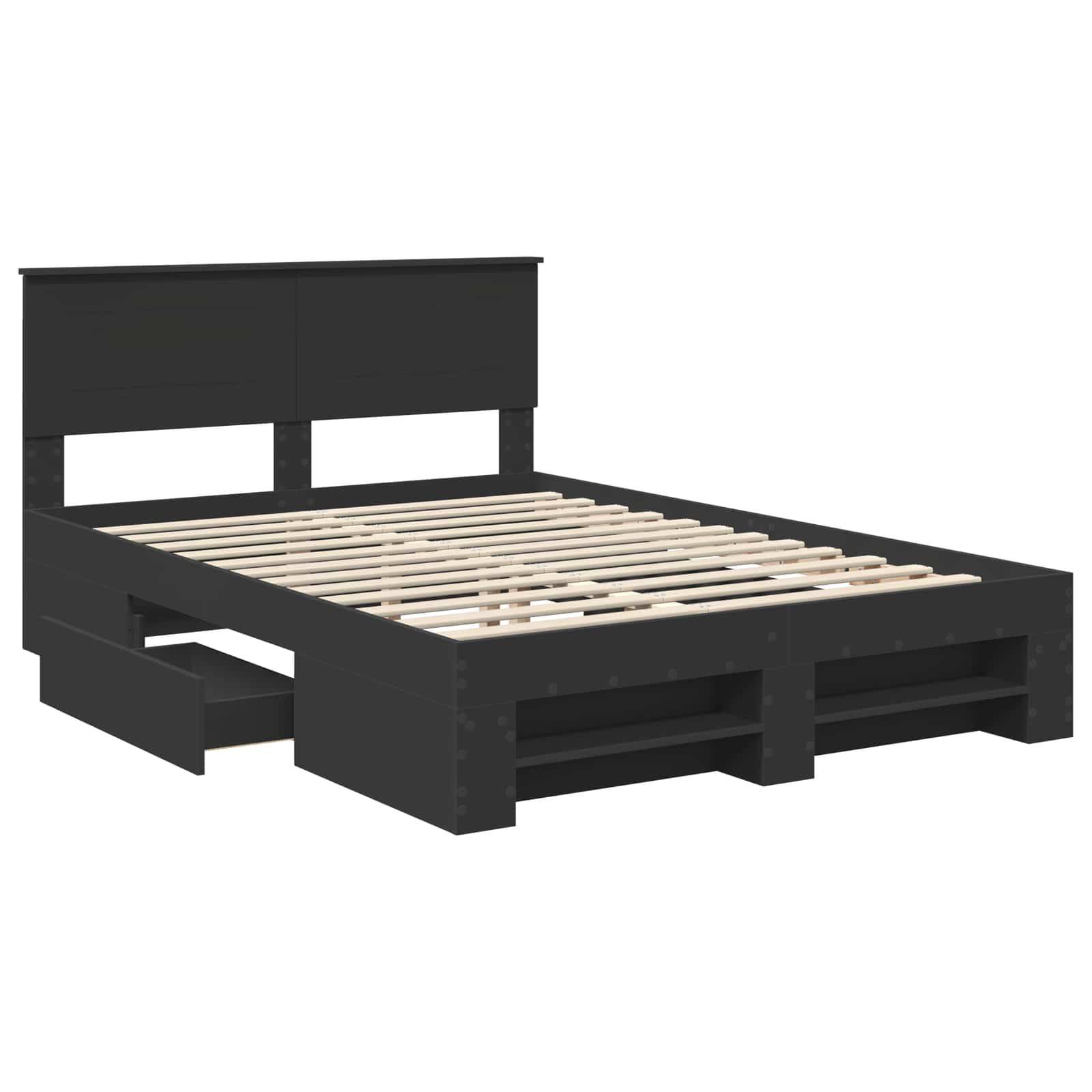 Ein schwarzes Holz-Plattformbett mit Kopfteil, ausgestattet mit zwei herausziehbaren Schubladen darunter und sichtbaren Holzlatten.