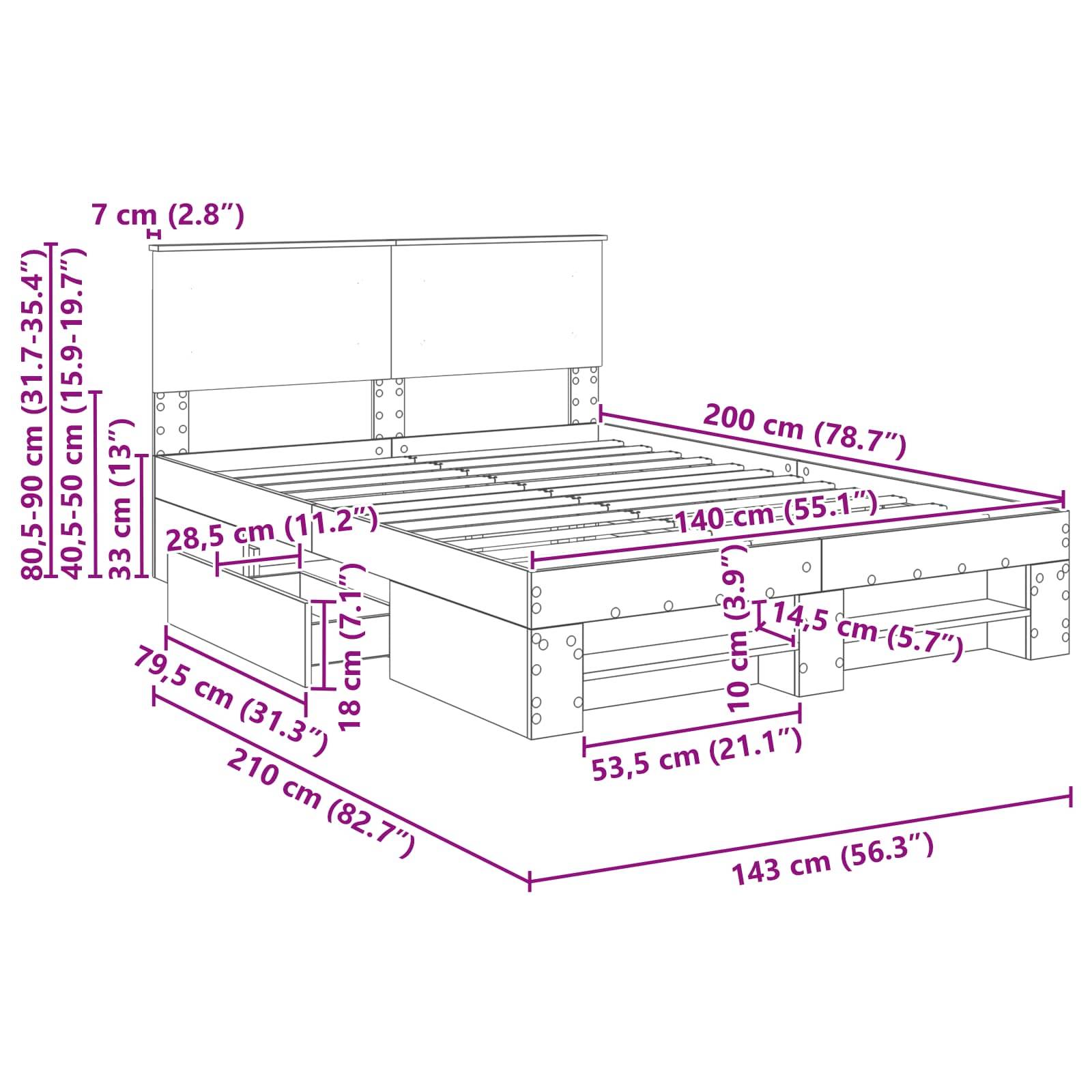 Diagramm eines Bettes mit Maßangaben: Höhe 80,5-90 cm, Breite 143 cm, Länge 210 cm. Bett 140 cm breit, 200 cm lang. Nachttische 79,5 cm breit.