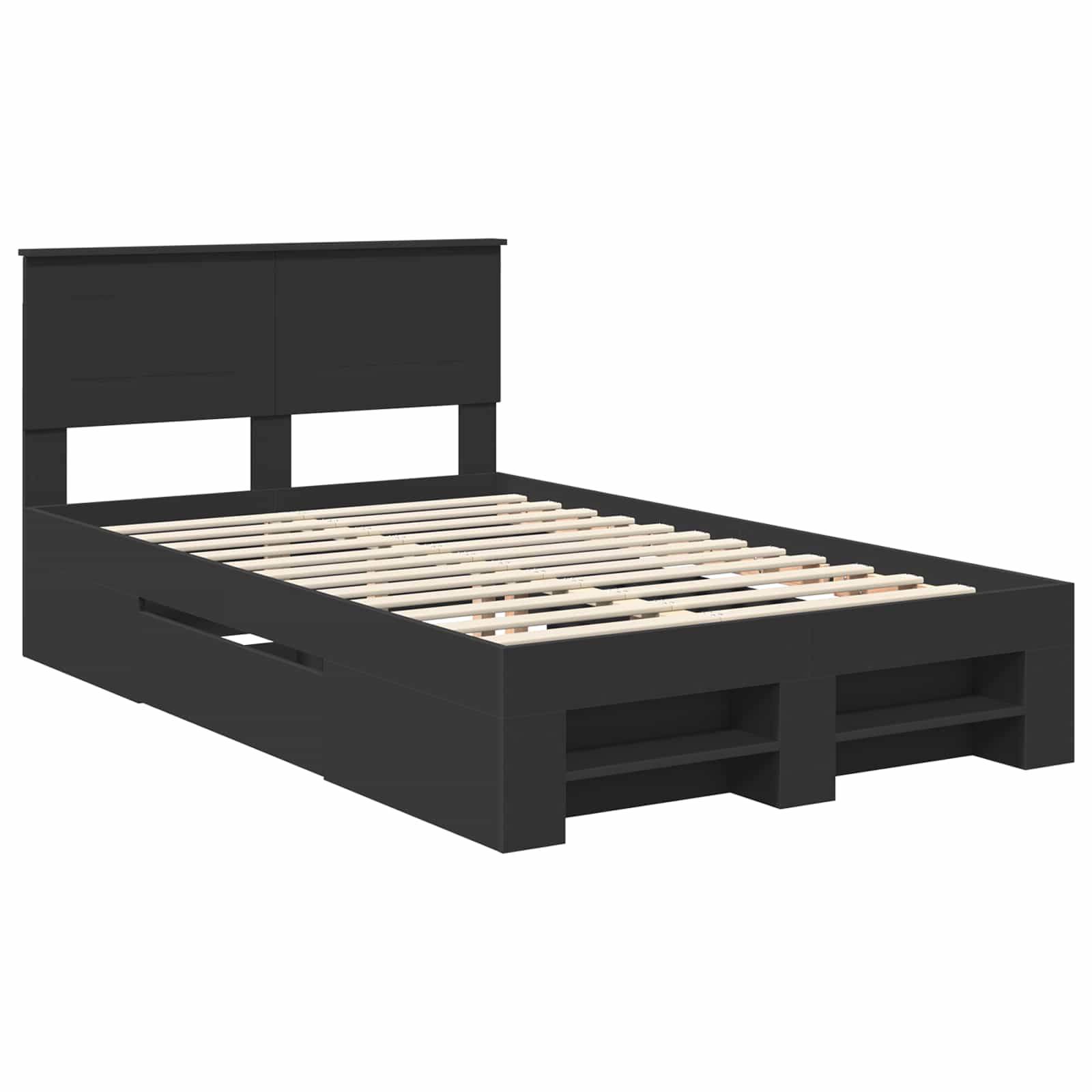 Ein schwarzer Holzbettrahmen mit hohem Kopfteil und Lattenrost, konzipiert für ein modernes, minimalistisches Schlafzimmer.