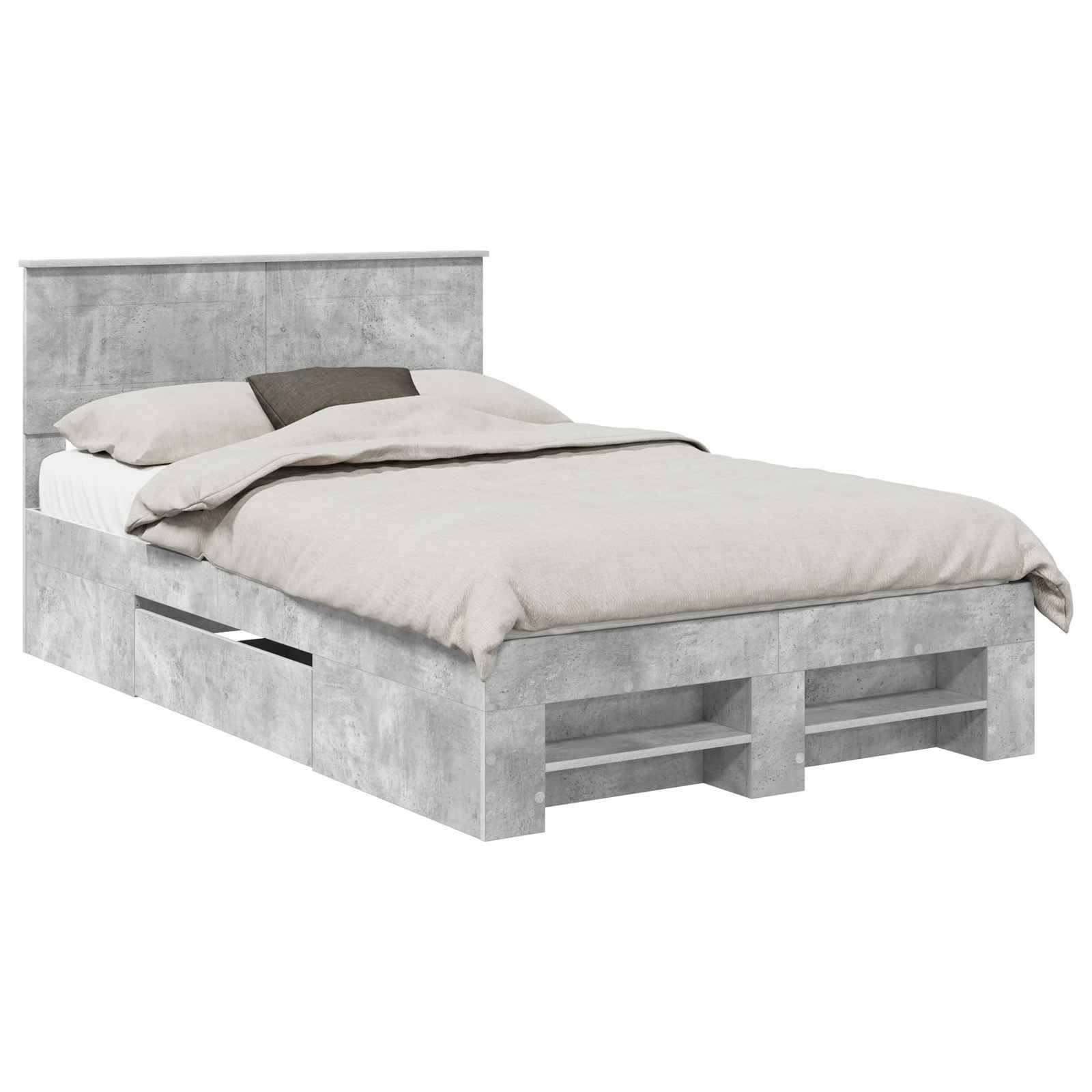 Ein Queensize-Bett mit einer grauen, betonartigen Oberfläche, das über eingebaute Schubladen und Regale unterhalb der Matratze verfügt und mit neutraler Bettwäsche dekoriert ist.
