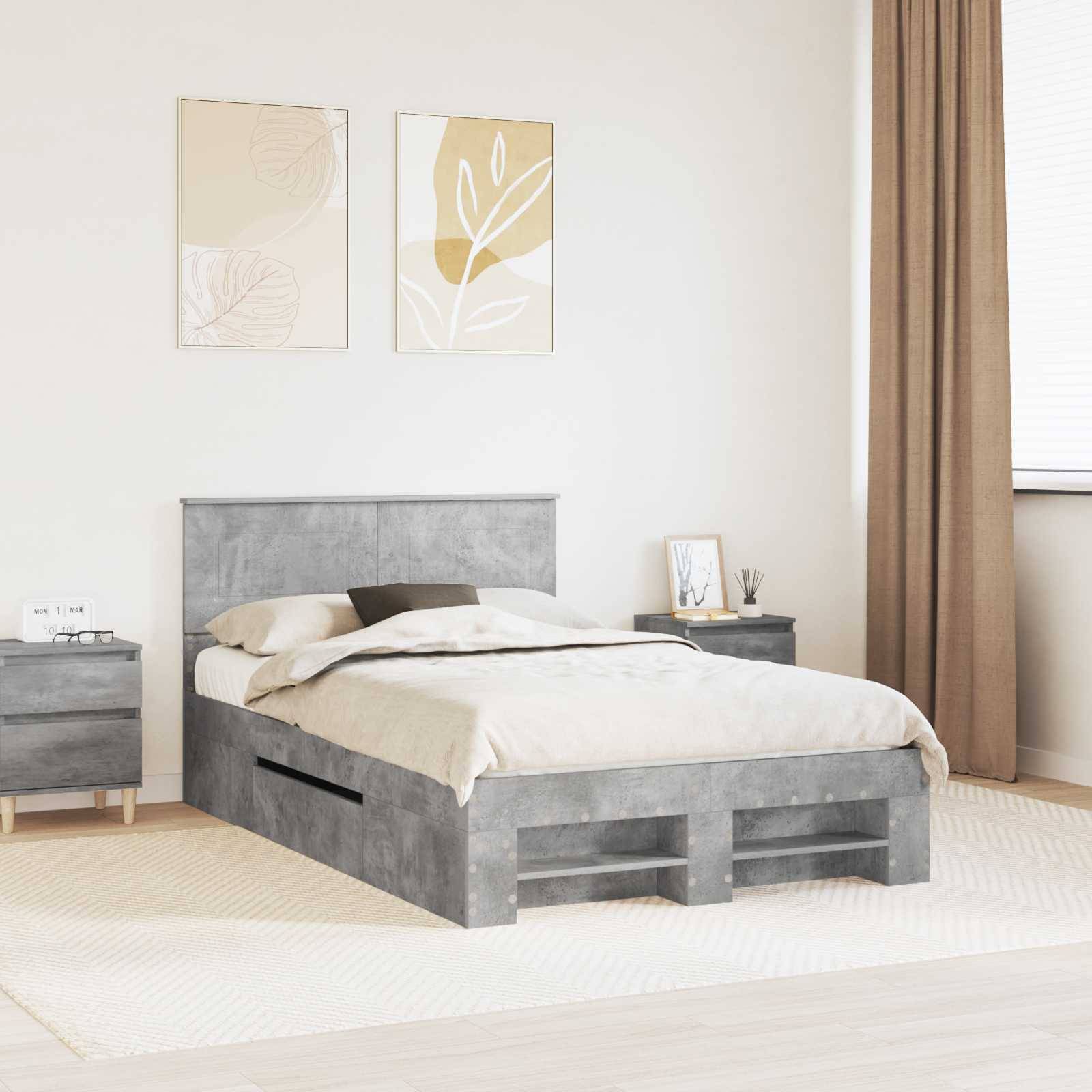 Ein modernes Schlafzimmer mit einem grauen gepolsterten Bett mit Schubladen, passendem Nachttisch, abstrakter Kunst, beigen Vorhängen und sanfter Beleuchtung.