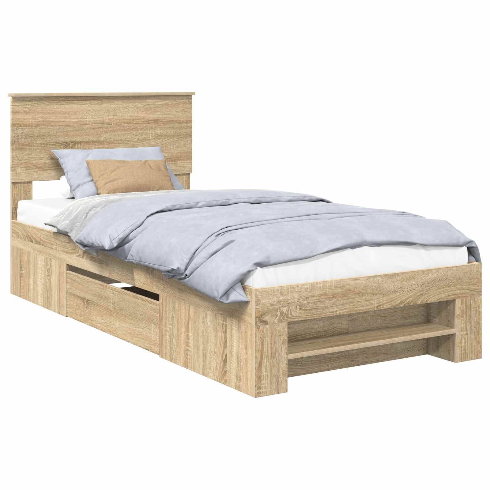 Ein Holz-Einzelbett mit Kopfteil, hellblauer Bettwäsche und einem Kissen. Das Bett verfügt über integrierte Ablageregale an den Seiten.