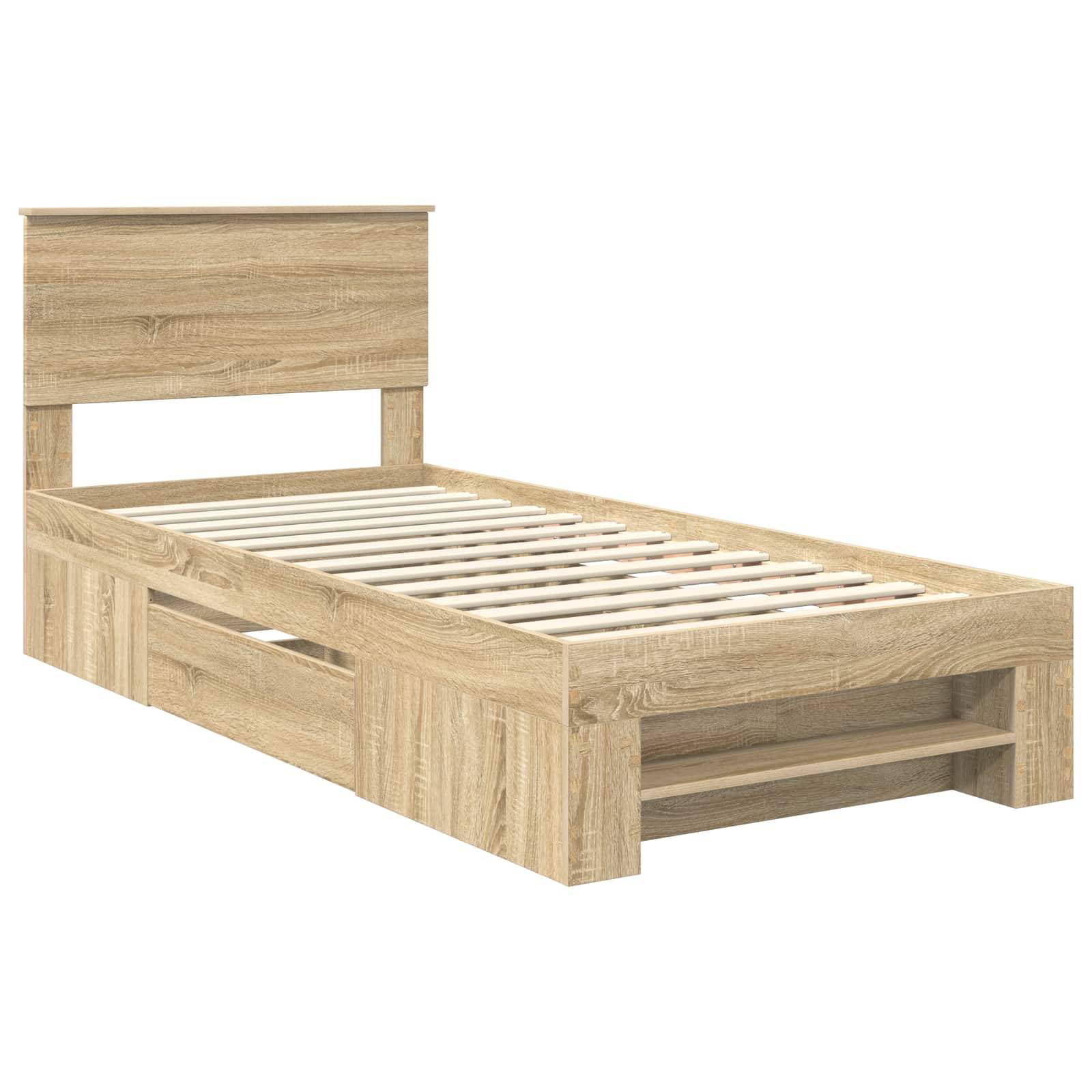 Ein Holz-Einzelbettgestell mit Kopfteil und mehreren Staurageschubladen darunter, konzipiert für einen minimalistischen Schlafzimmerstil.
