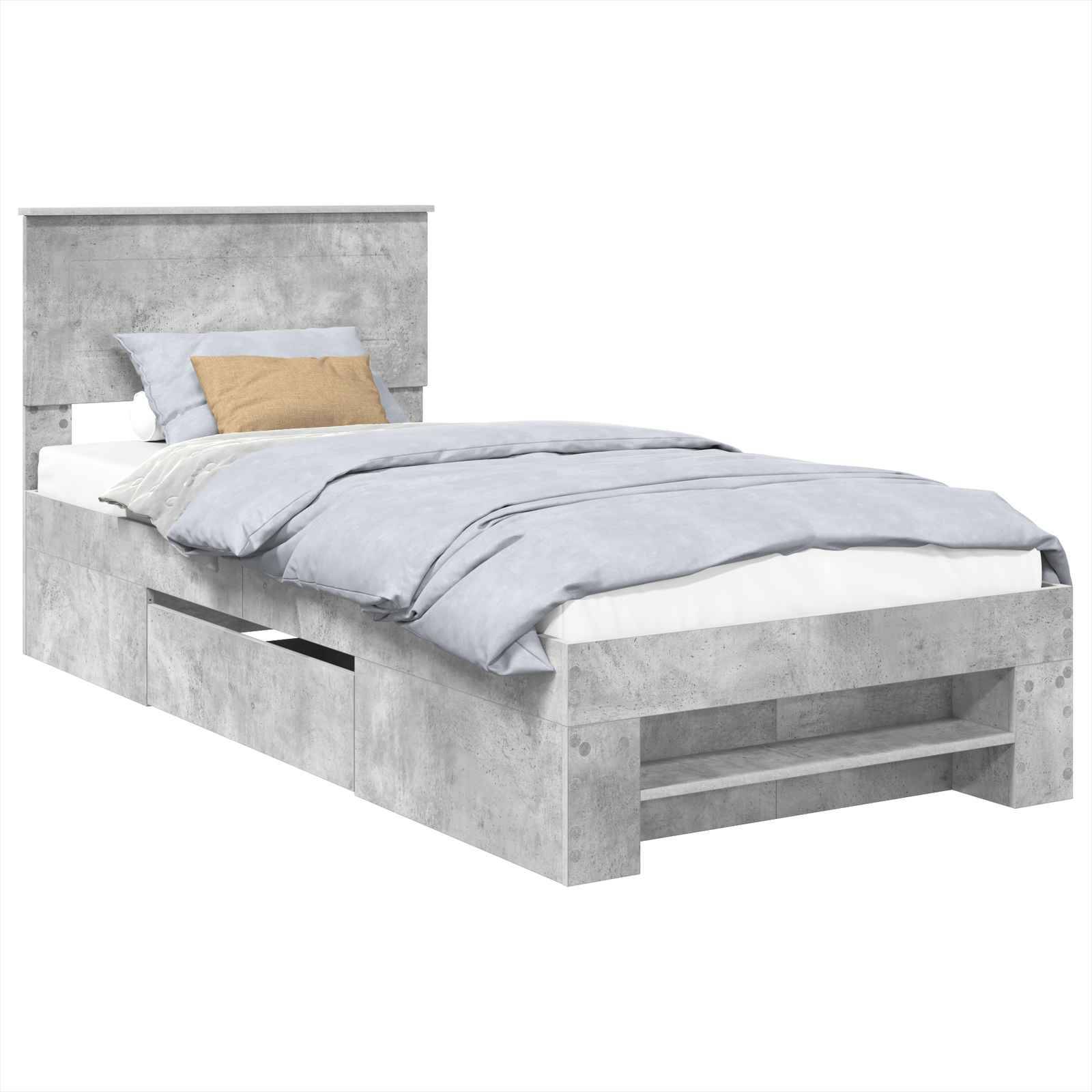 Ein grauer Bettrahmen mit angehängtem Kopfteil verfügt über Aufbewahrungsschubladen darunter. Das Bett ist bezogen mit blauen Laken und einem beigen Kissen.