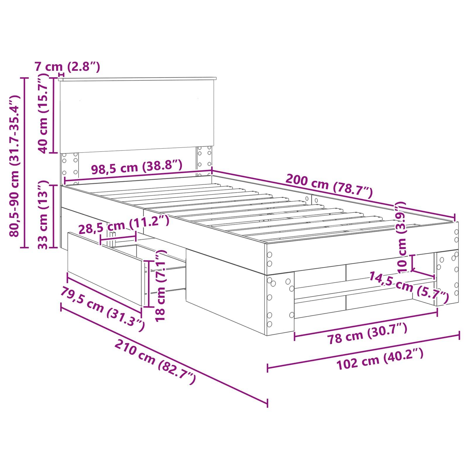 Diagramm eines Bettgestells mit Maßen: Länge 210 cm, Breite 160 cm, Höhe 80,5-90 cm. Enthält Kopfteil, Aufbewahrungsschubladen.