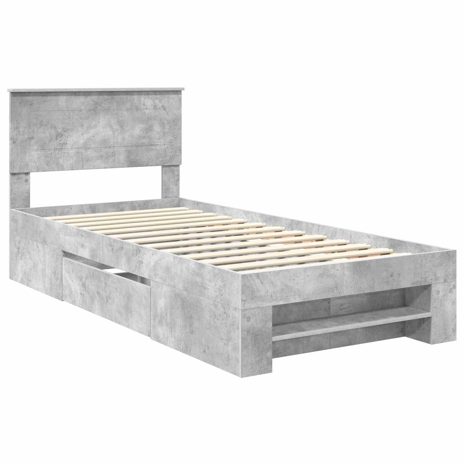 Ein moderner, grauer Doppelbettrahmen mit Kopfteil und Unterbett-Schubladen. Der Rahmen verfügt über ein minimalistisches Design ohne Matratze.
