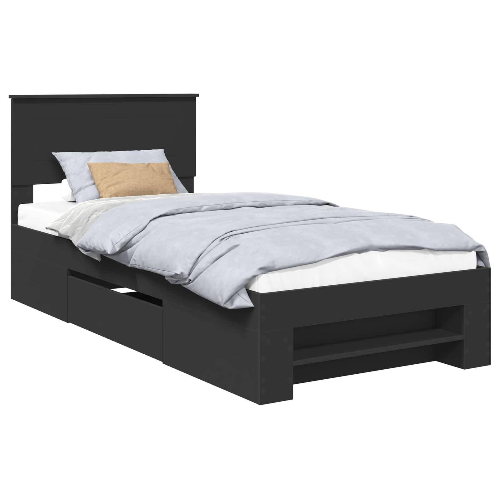 Ein schwarzes Einzelbett mit Kopfteil, heller Bettwäsche und vier integrierten Schubladen darunter zur Aufbewahrung.