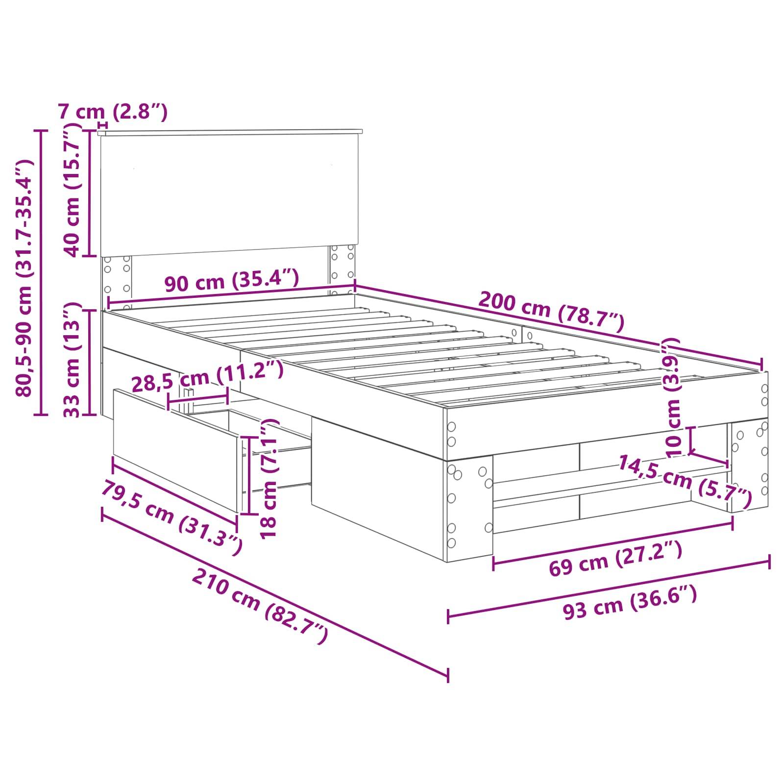 vidaXL Bettrahmen mit Kopfteil Weiß 90 x 200 cm Holzwerkstoff