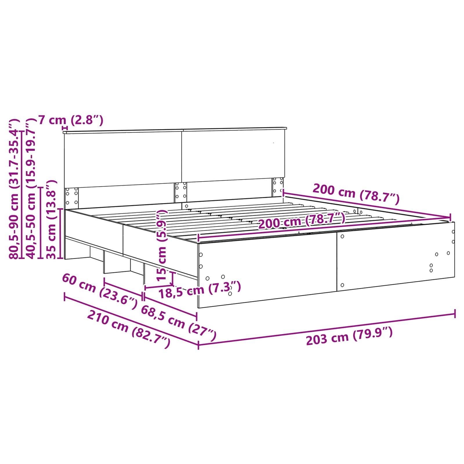 Bettrahmenabmessungen: Länge 203 cm (79,9