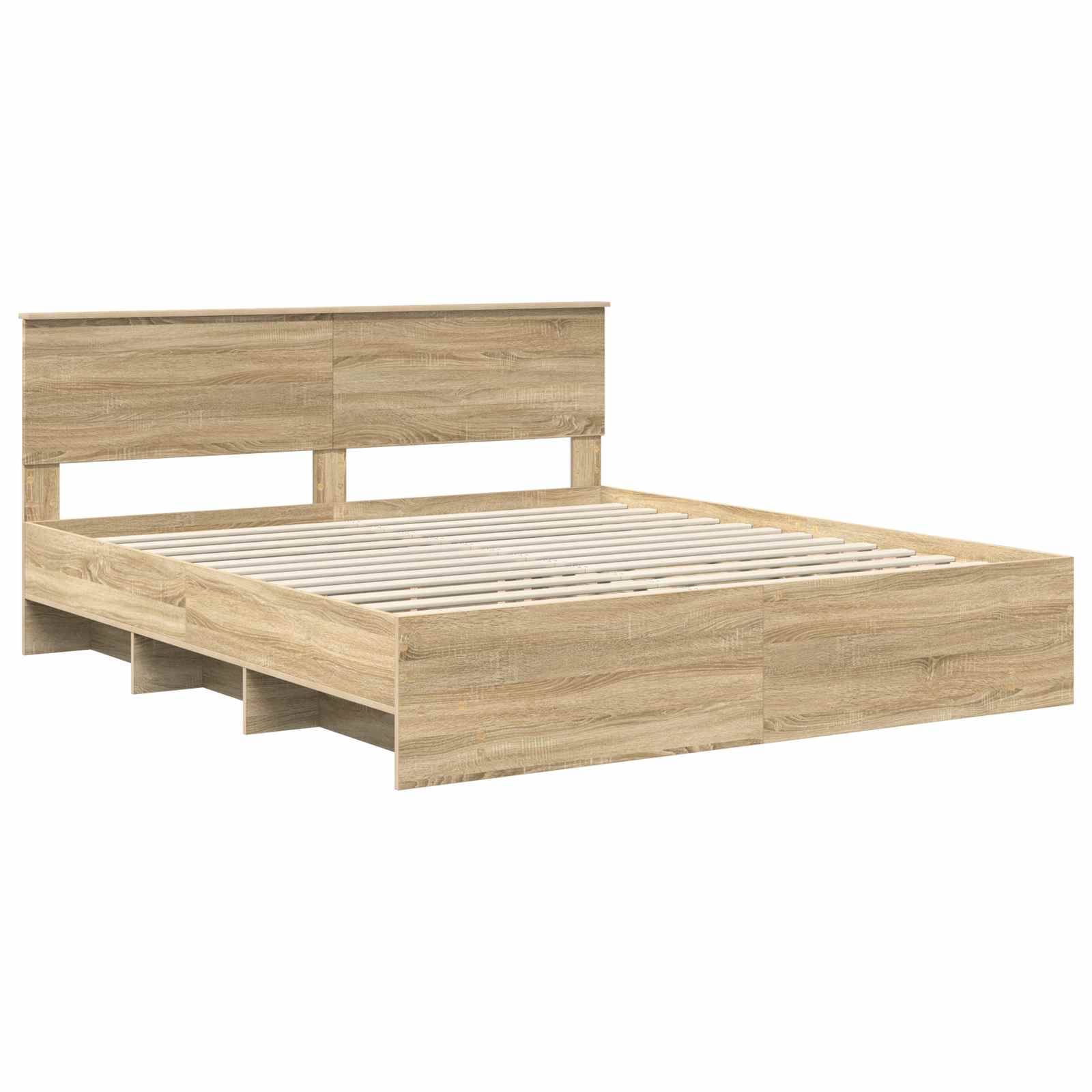 Ein Holzbettgestell mit Lattenrost verfügt über einen schlichten Kopfteil und eine natürliche Holzoberfläche, die ein minimalistisches Design betont.