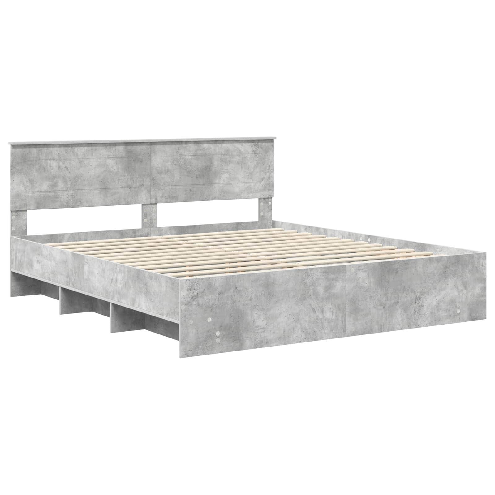 Graues, minimalistisches Bettgestell mit Kopfteil und Lattenrost, das ein modernes Design ohne Matratze präsentiert.