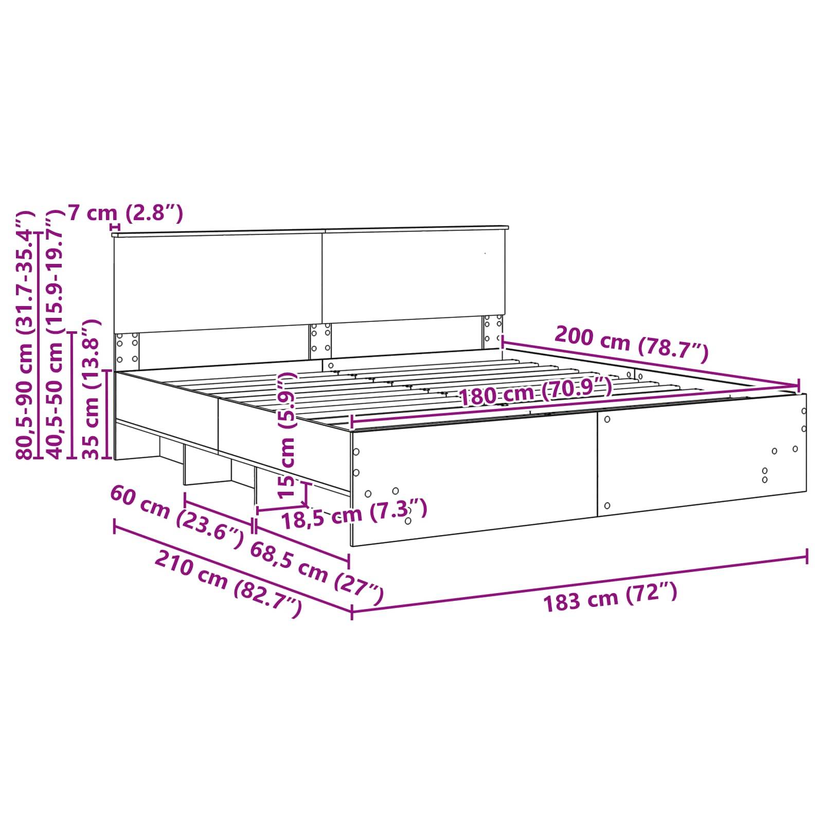 Bettgestell in Queen-Size mit Stauraum; Abmessungen angegeben: Breite 183 cm (72