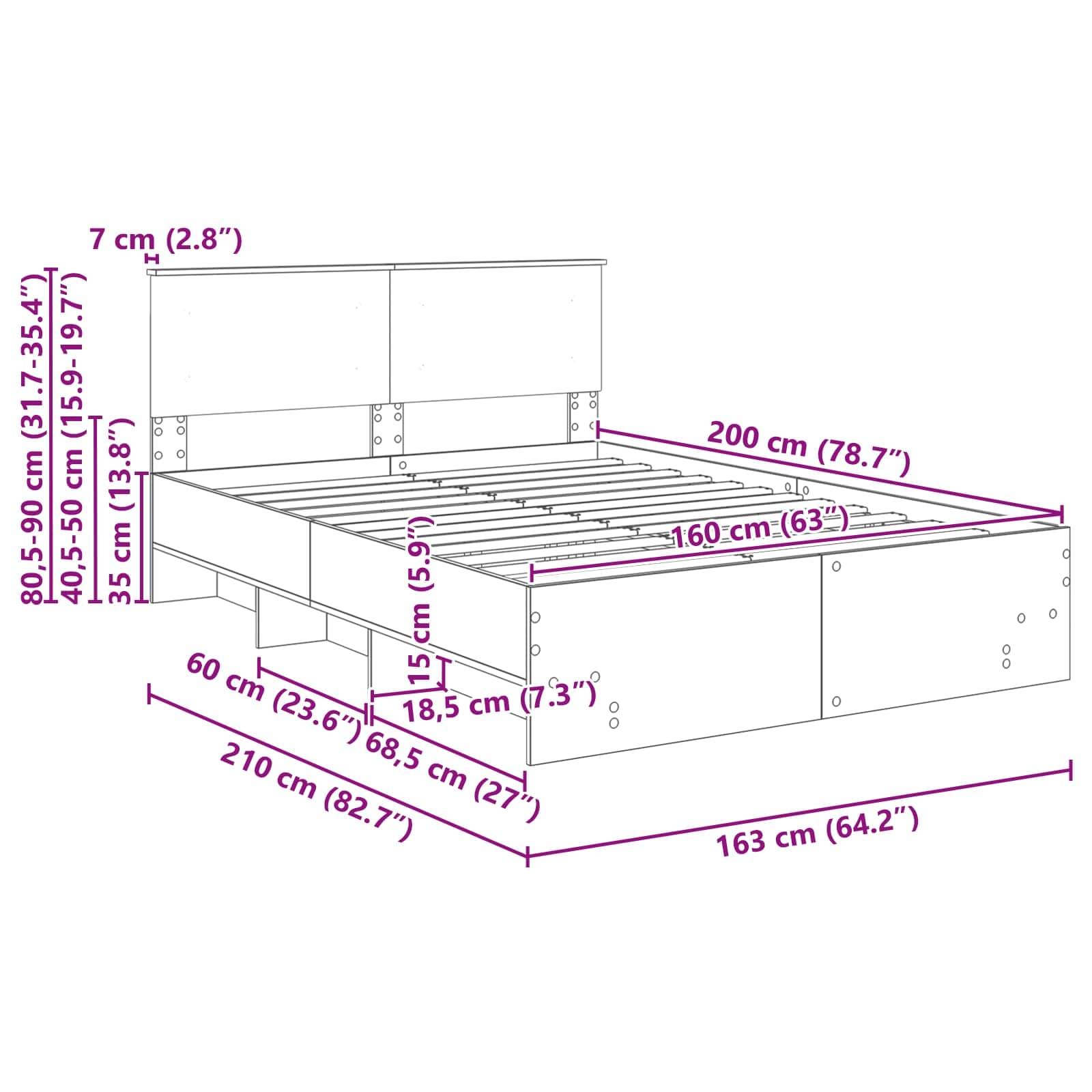Eine Skizze eines Bettgestells mit folgenden Abmessungen: 200 cm (Länge), 163 cm (Breite), 15 cm (Höhe), mit Staurageschubladen.