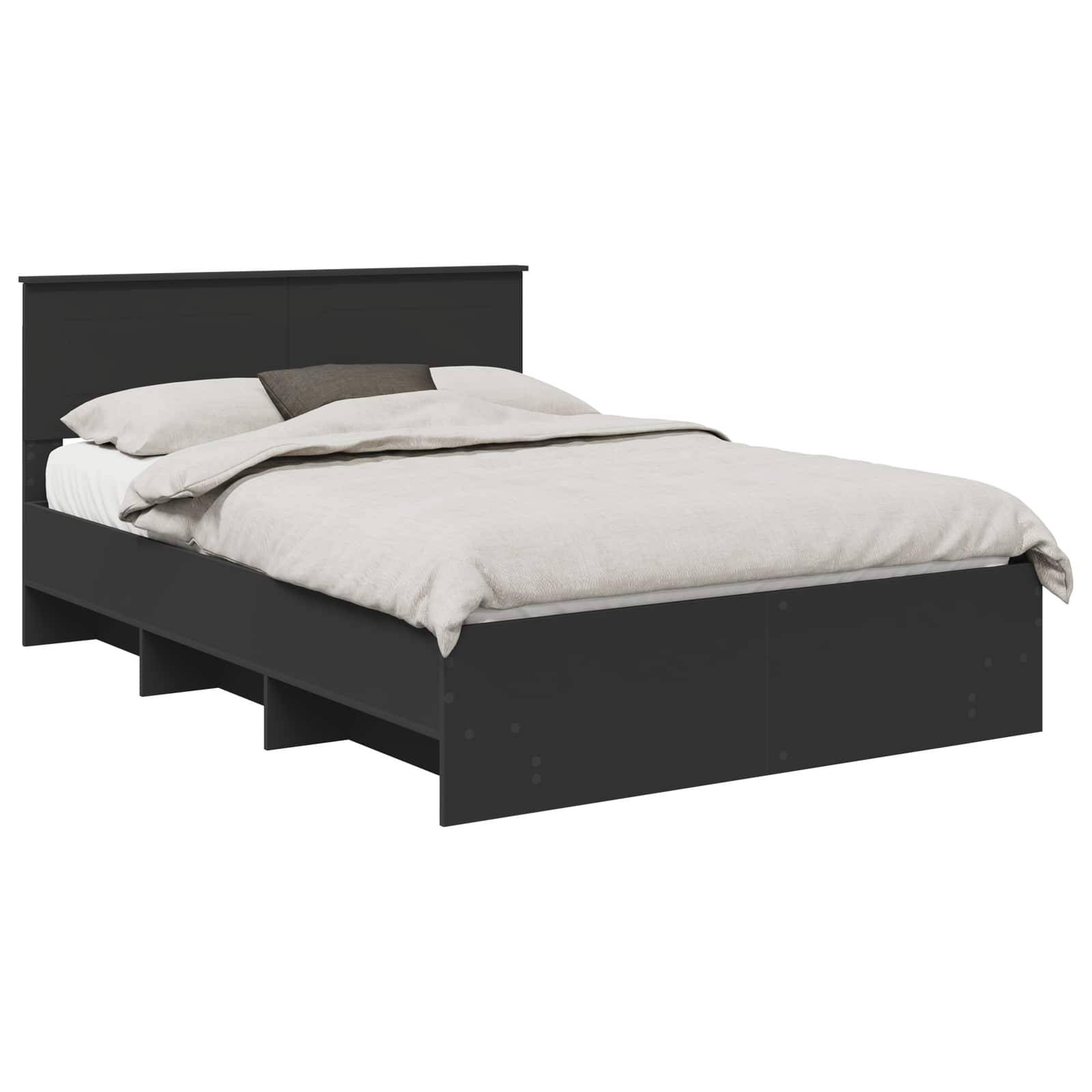 Ein schwarzes Plattformbett mit integriertem Kopfteil und drei großen Aufbewahrungsschubladen darunter. Es ist mit weißer Bettwäsche und einem grauen Kissen bezogen.