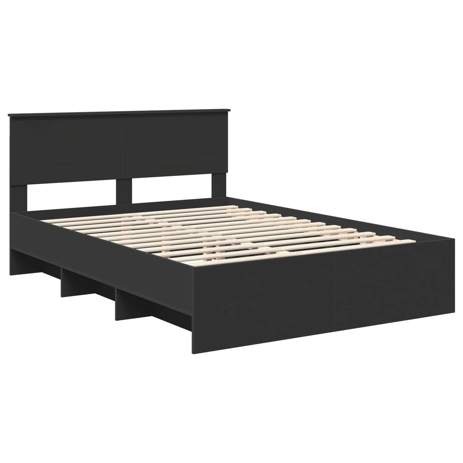 Ein schwarzer Holzbettrahmen mit hohem Kopfteil und sichtbarer Lattenrost-Konstruktion, ausgelegt für eine Queen-Size-Matratze.