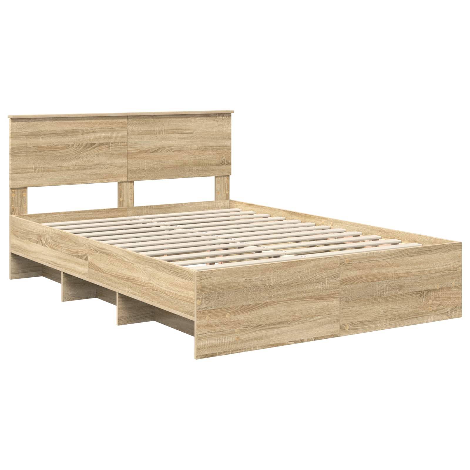 Ein Holzbettgestell mit einem einfachen, modernen Design, das eine Lattenrost-Basis und einen rechteckigen Kopfteil aufweist.