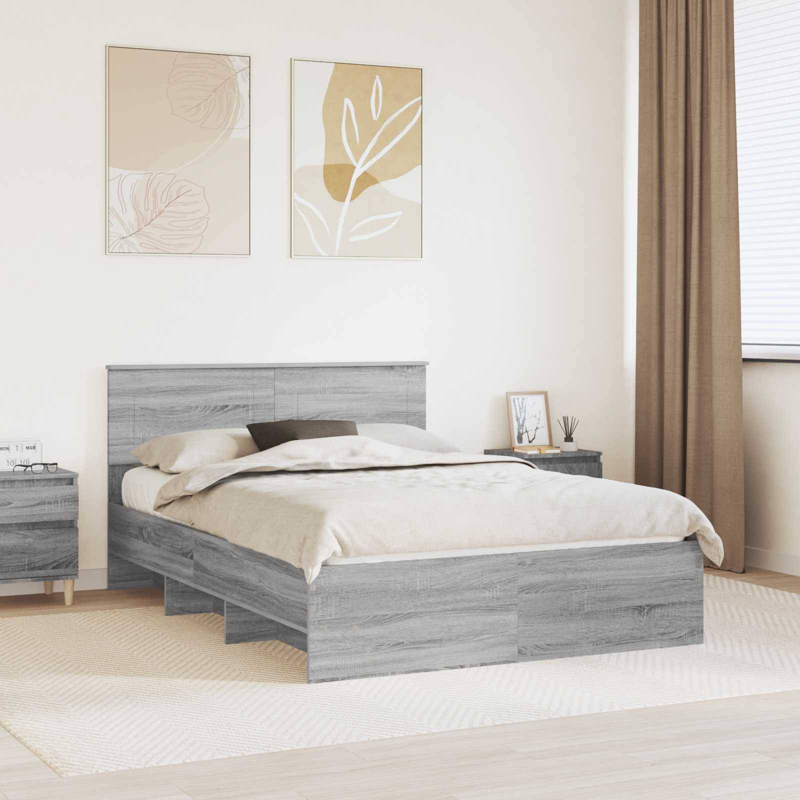 Modernes Schlafzimmer mit einem grauen Holzbett, passenden Nachttischen und abstrakter Wandkunst. Neutrale Töne schaffen eine ruhige, minimalistische Atmosphäre.