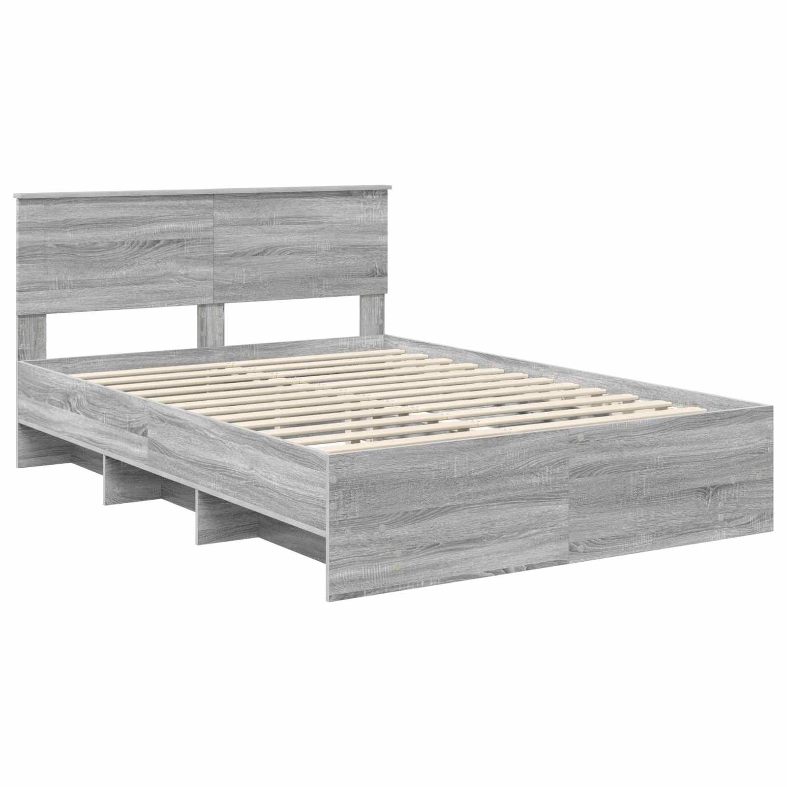 Ein grauer Holzbettrahmen mit Kopfteil und Stauraumbereichen unter dem Bett, der ein modernes, minimalistisches Design zeigt.