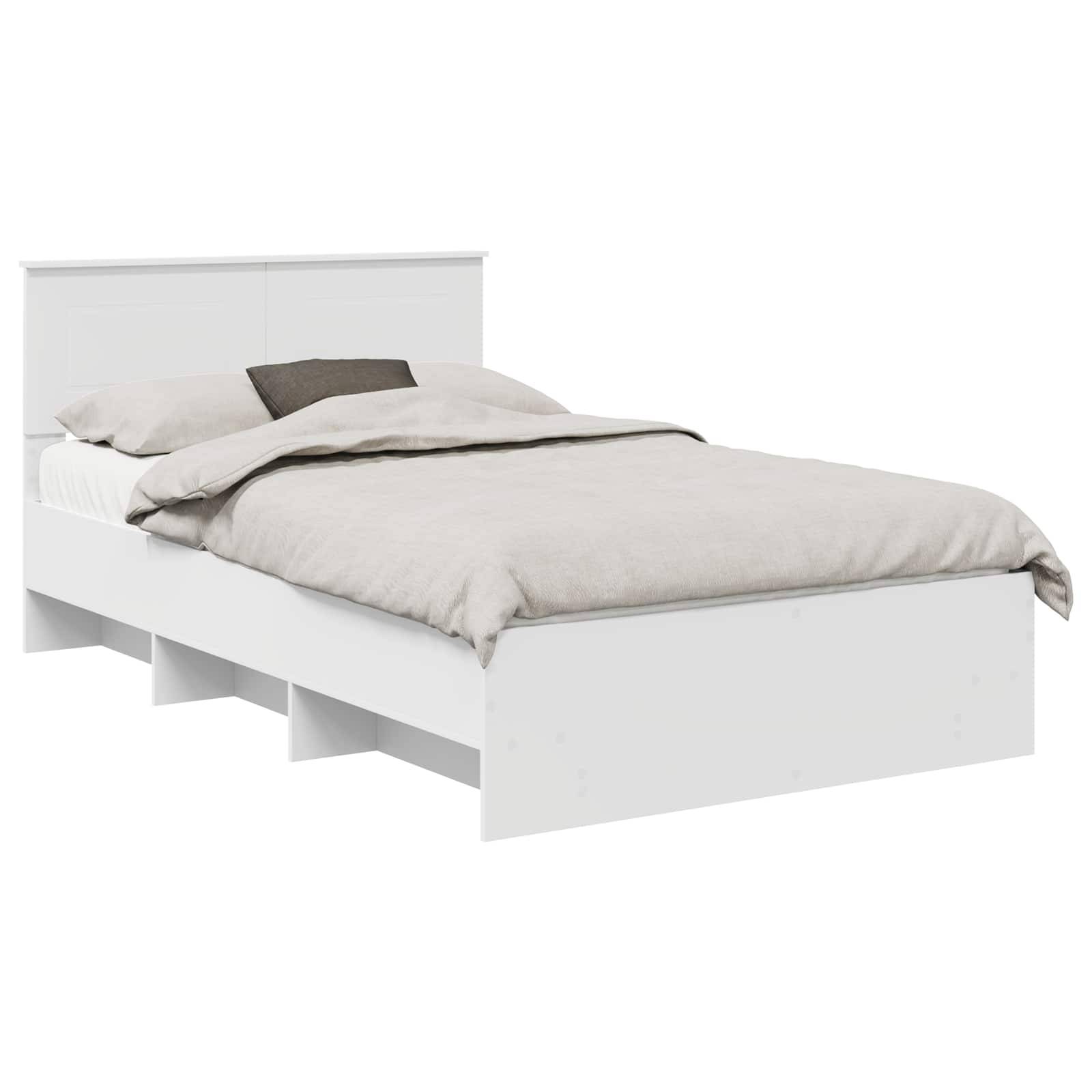 Ein weißes Bett mit Kopfteil, graue Bettwäsche und einem einzelnen Kissen; ausgestattet mit stromlinienförmigem Design und Stauraum unter dem Bett.