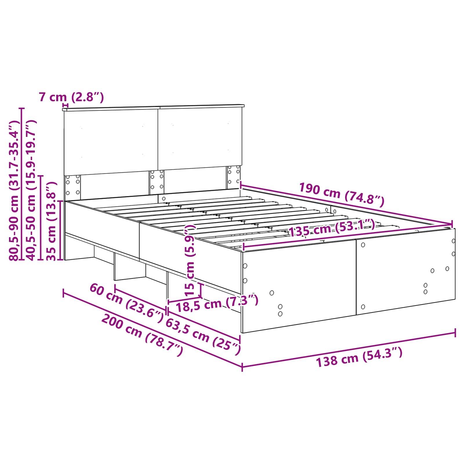Diagramm eines Bettgestells mit Maßen: Höhe 80,5-90 cm, Breite 138 cm, Länge 200 cm. Zeigt Abmessungen des Stauraums.