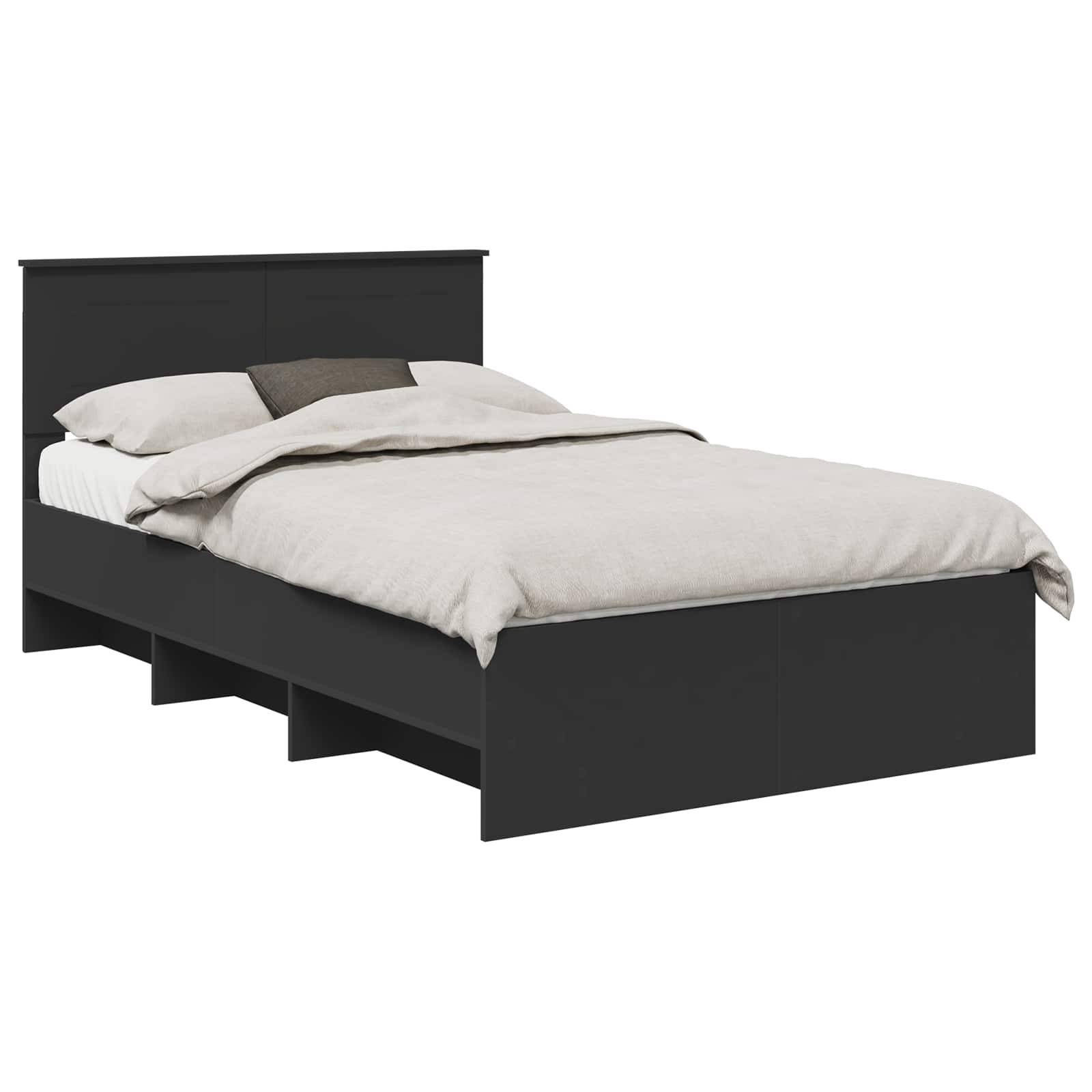 Ein schwarzes Plattformbett mit Kopfteil, das drei Stauraumbereiche unter dem Bett aufweist, ist mit heller Bettwäsche und einem dunklen Kissen ausgestattet.