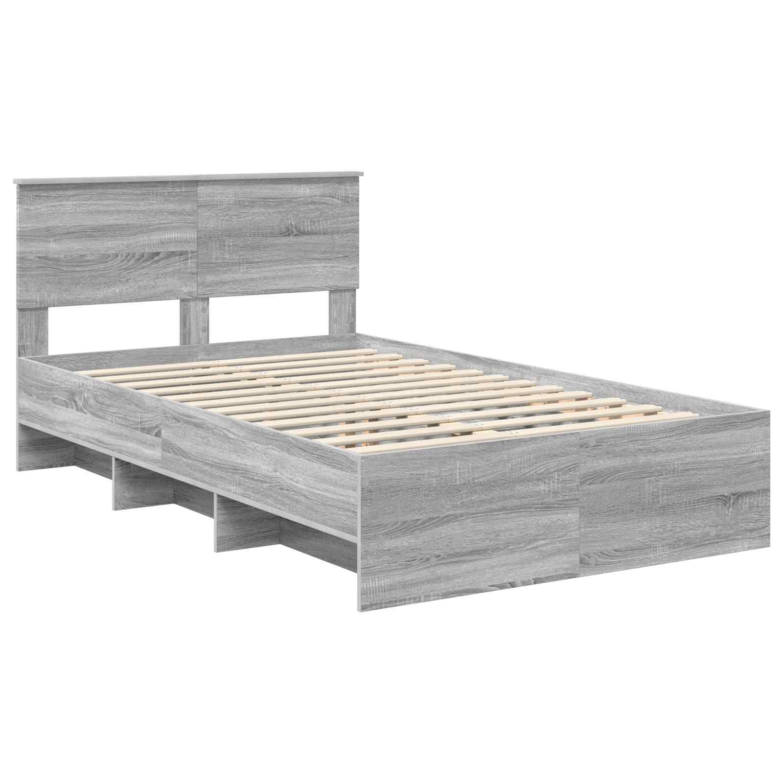 Ein grauer Holzbettrahmen mit modernem, minimalistischem Design, ausgestattet mit einer Lattenrost-Basis und einem hohen Kopfteil.