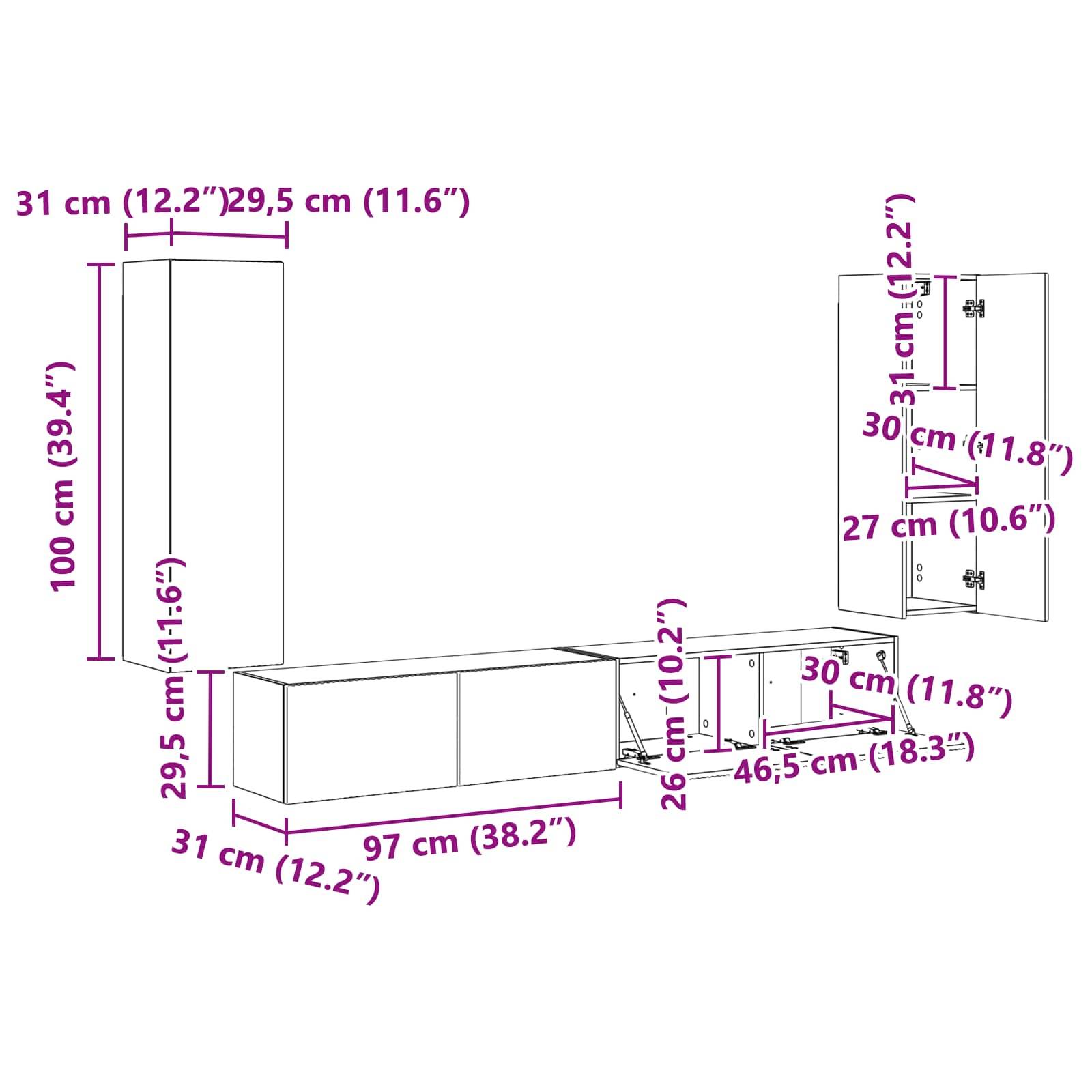 Kücheneinbauschrank-Layout mit Abmessungen: Linker Schrank 100 cm hoch, Unterschrank 97 cm lang, rechter Wandschrank 31 cm hoch. Beinhaltet detaillierte Maßangaben.