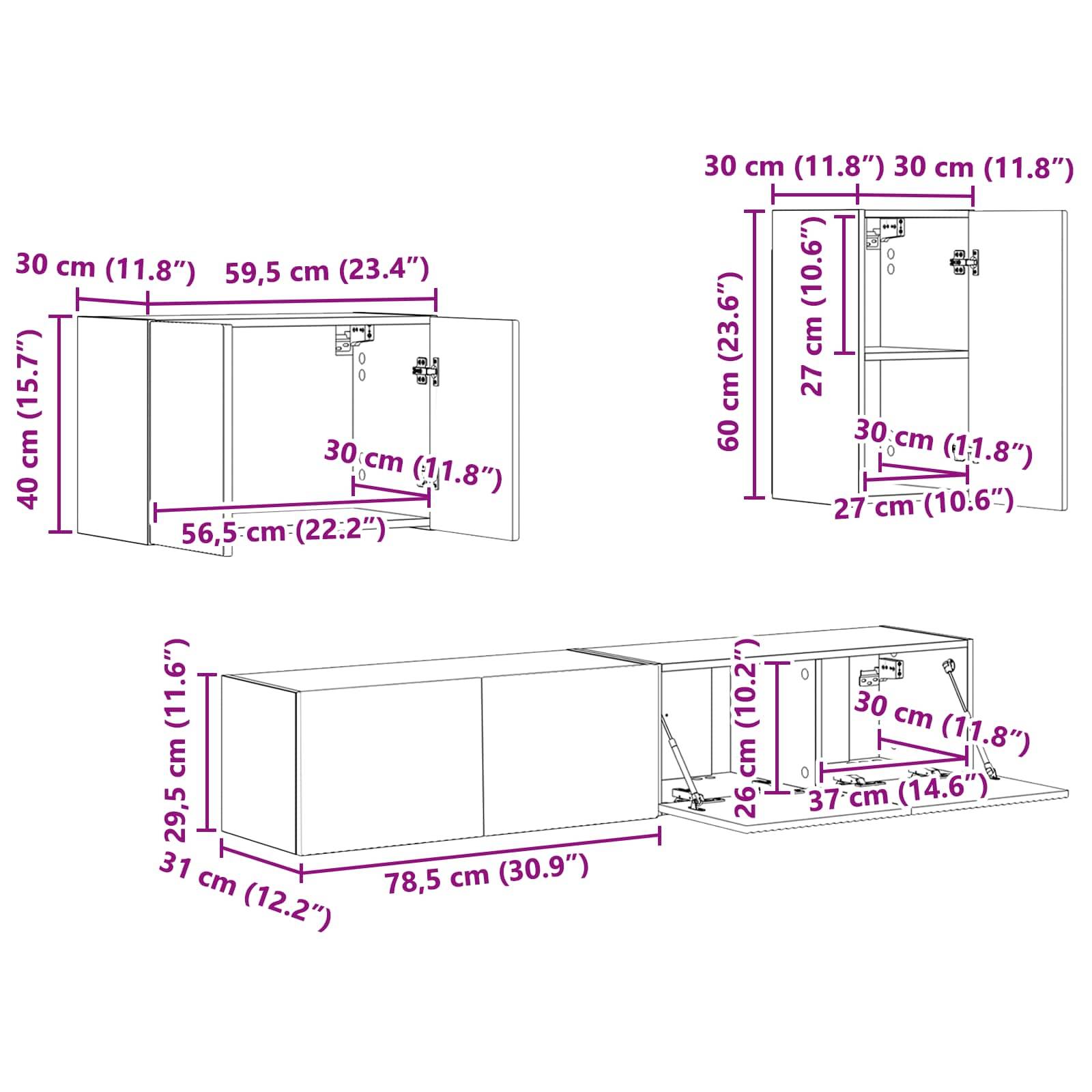 Schrank-Montagzeichnung mit Maßen: 59,5 cm Breite, 40 cm Höhe für Haupteinheit; kleinere Einheiten im Inneren mit verschiedenen Maßangaben in cm und Zoll.