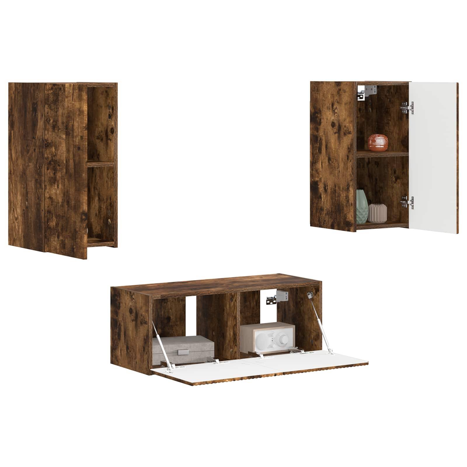 An der Wand montierte Holzschränke in Dunkelbraun mit weißem Innenraum, geöffnet und geschlossen dargestellt, die Innenräume mit Gegenständen zeigend.