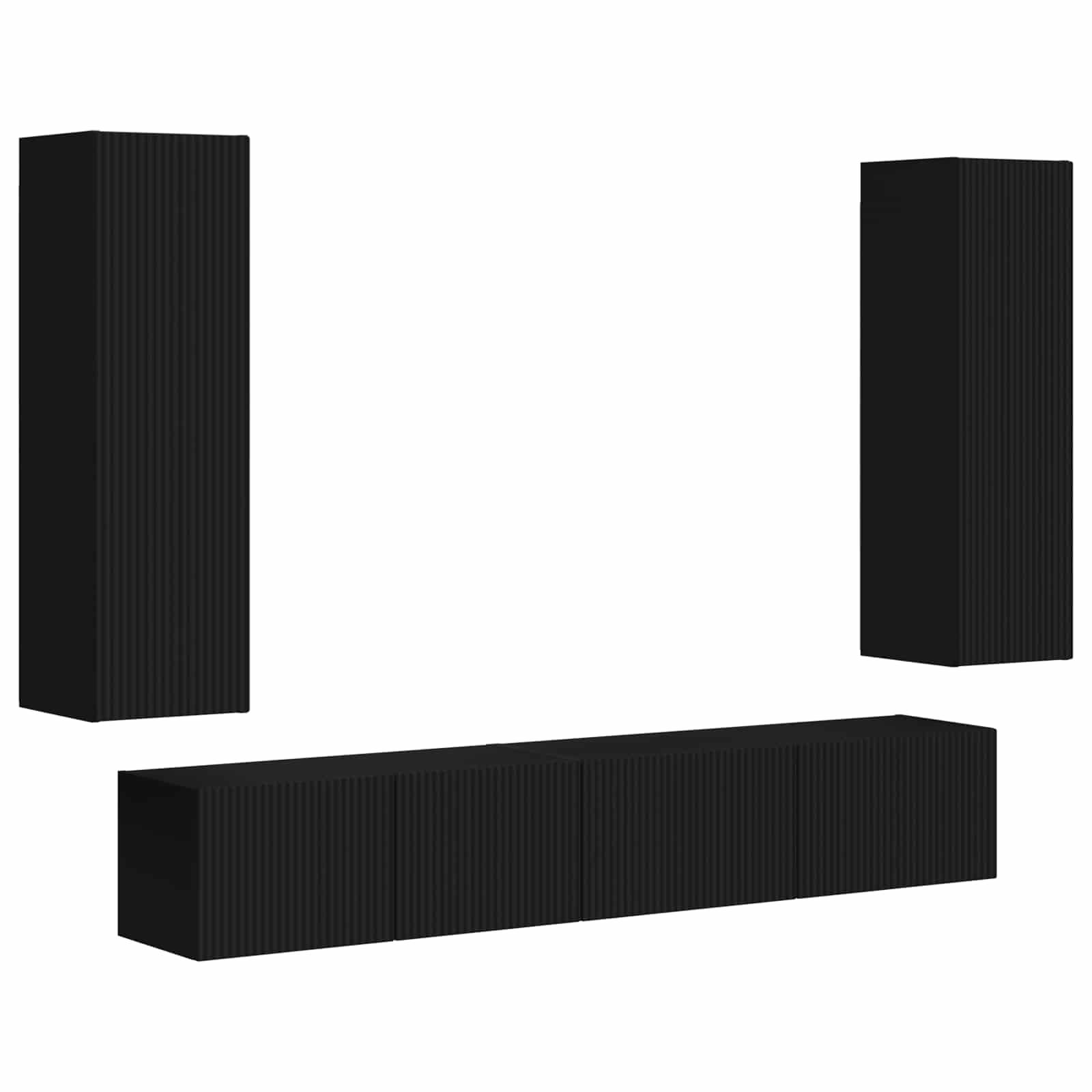 Ein minimalistisches, modulares schwarzes Regalsystem mit vertikalen Linien, bestehend aus zwei hohen Schränken und einem langen, niedrigen Schrank, die in einer U-Form angeordnet sind.
