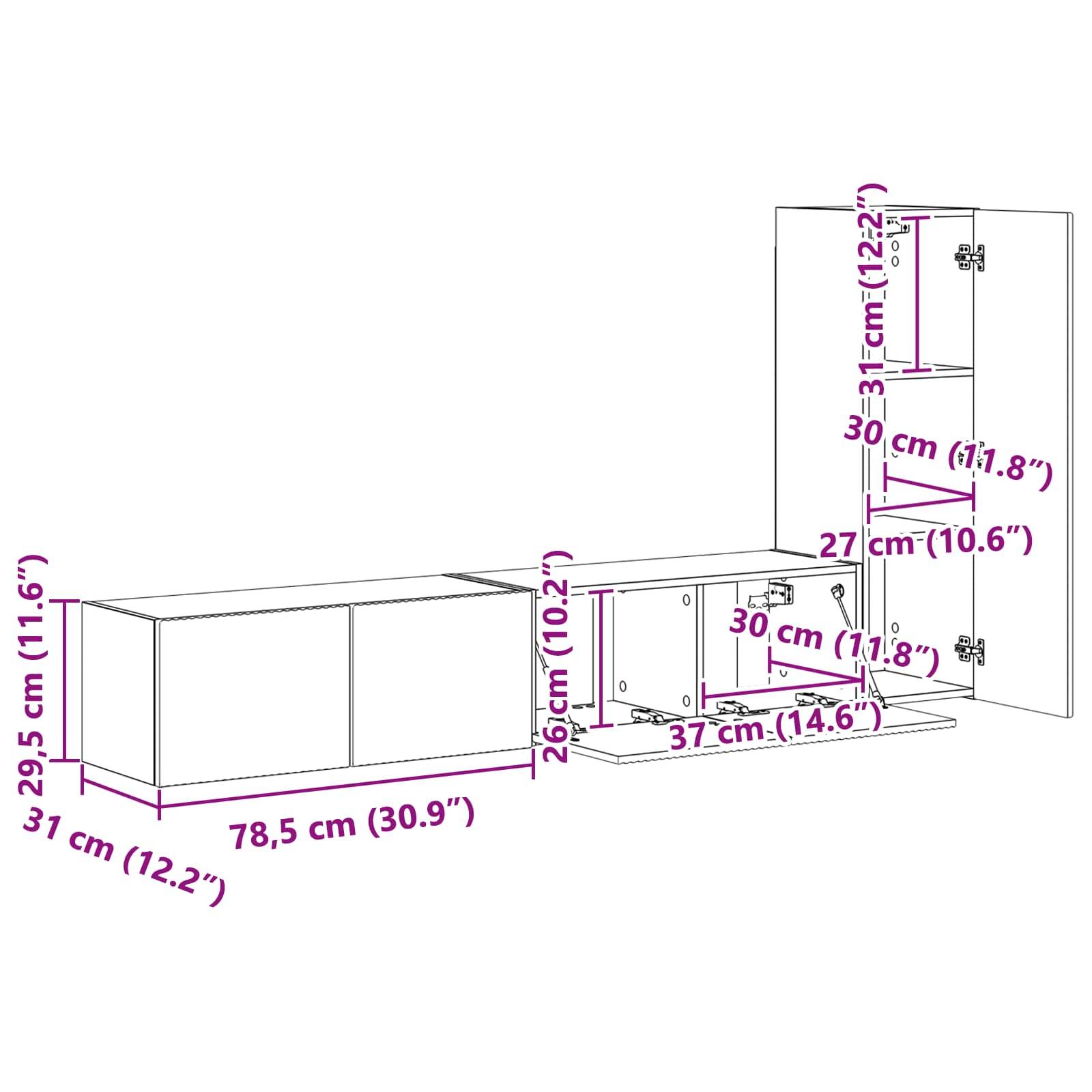 Abmessungen des Wandschranks: Linker Schrank - 78,5 cm breit, 29,5 cm hoch. Rechter Schrank - 61 cm hoch, 30 cm breit, 37 cm tief.