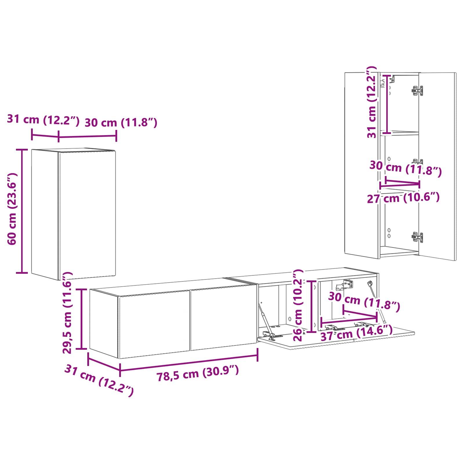 Draufsicht der Schrankmessungen in Zoll: 60 x 31, 29,5 x 30, 31 x 78,5. Innere Regale: 30 x 31, 27 x 26, 26 x 37. Messungen in Lila dargestellt.