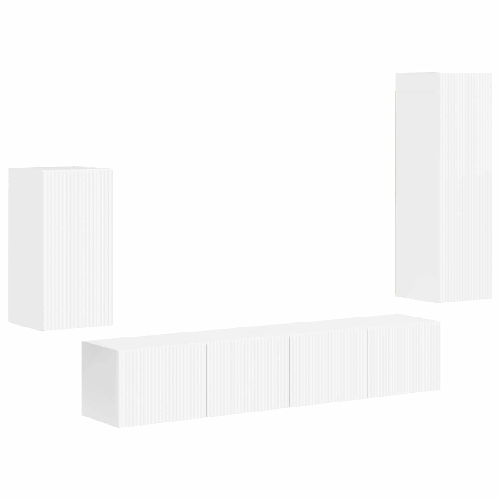 Eine minimalistische Reihe von weißen, wandmontierten Aufbewahrungseinheiten in verschiedenen Größen mit vertikalen Linienmustern, geeignet für moderne Innenräume.