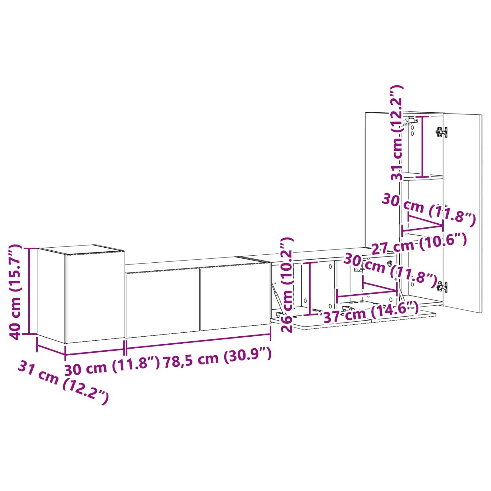 Ein Diagramm zeigt die Abmessungen eines modularen Küchenschranksystems. Wichtige Maße umfassen 40 cm Höhe, 78,5 cm Gesamtlänge und unterschiedliche Komponententiefenwerte.