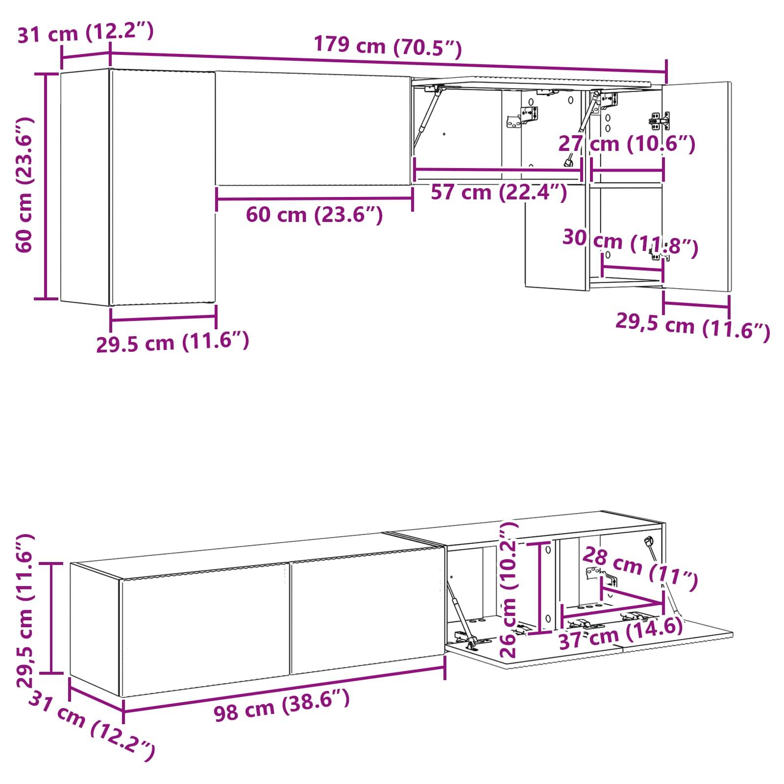 Darstellung zeigt zwei Ansichten von wandmontierter Schrankeinheit mit Abmessungen. Draufsicht: Schränke sind 179 cm breit, 60 cm hoch. Seitenansicht: 98 cm breit, 29,5 cm hoch.