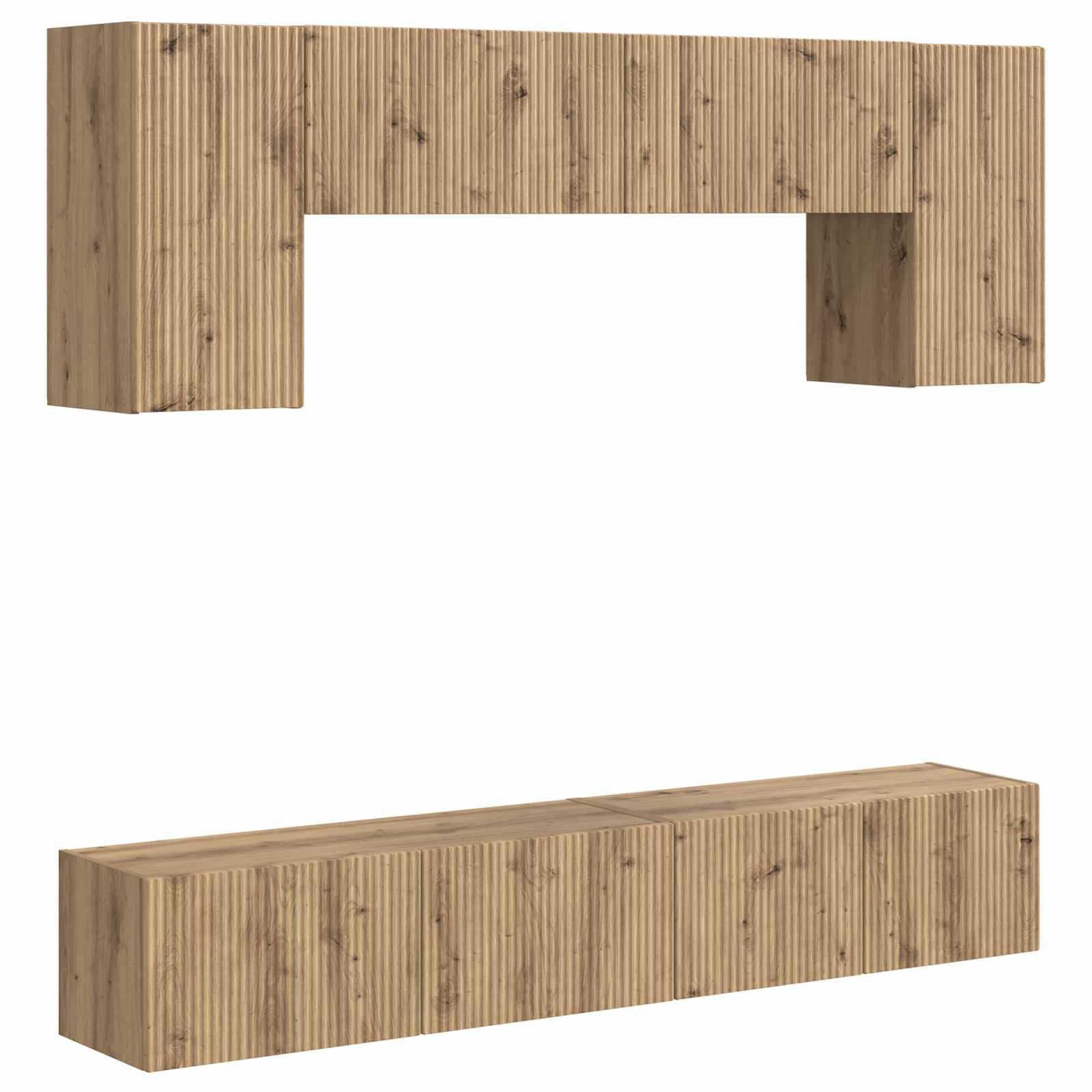 Wandunterhaltungseinheit aus Holz mit natürlicher, rustikaler Oberfläche. Besteht aus einem größeren Oberteil und einem kleineren Unterteil. Geeignet für moderne Wohneinrichtung.