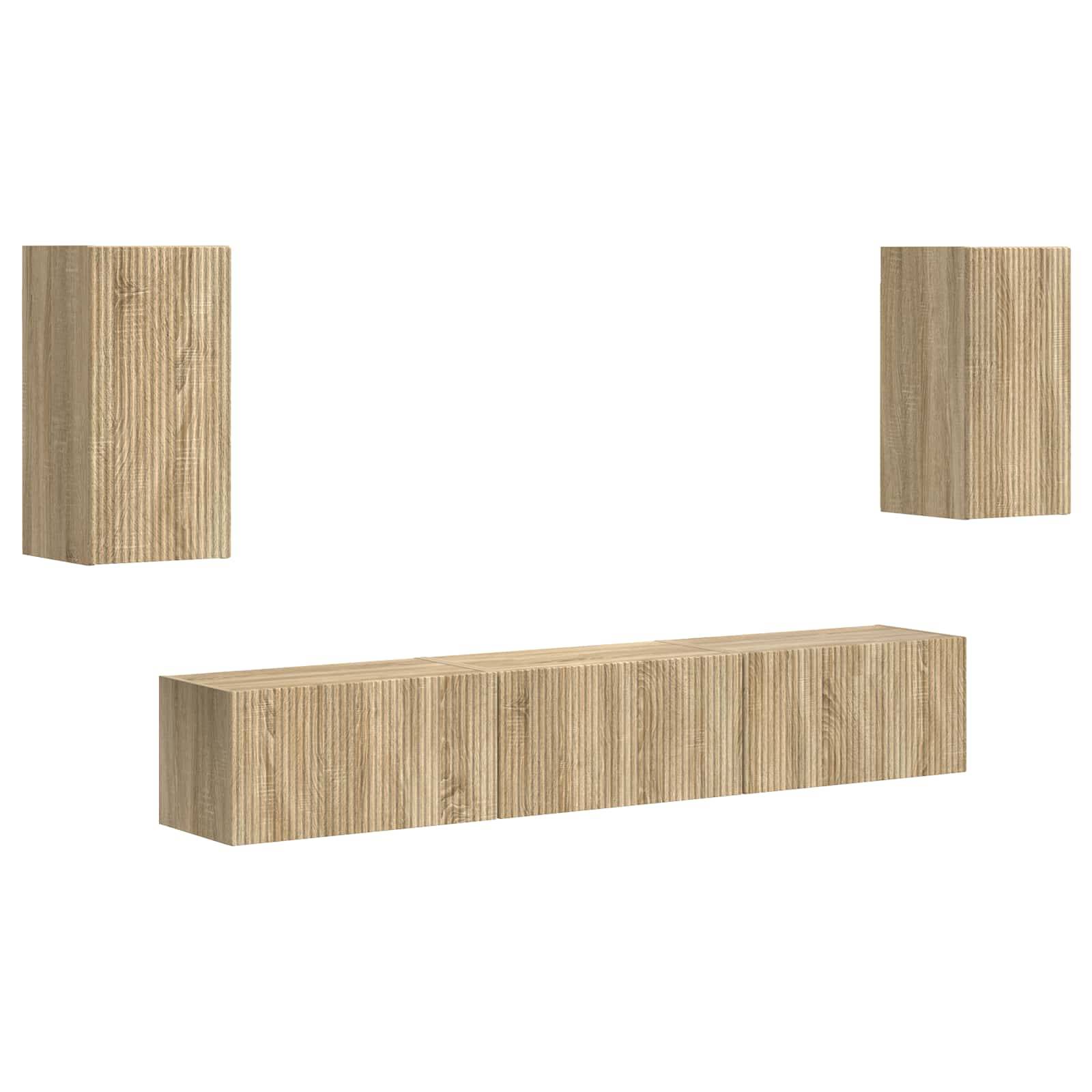 Wandmontiertes Aufbewahrungsset aus Holz mit zwei quadratischen Schränken und einem langen horizontalen Schrank, mit natürlicher Holzoberfläche.