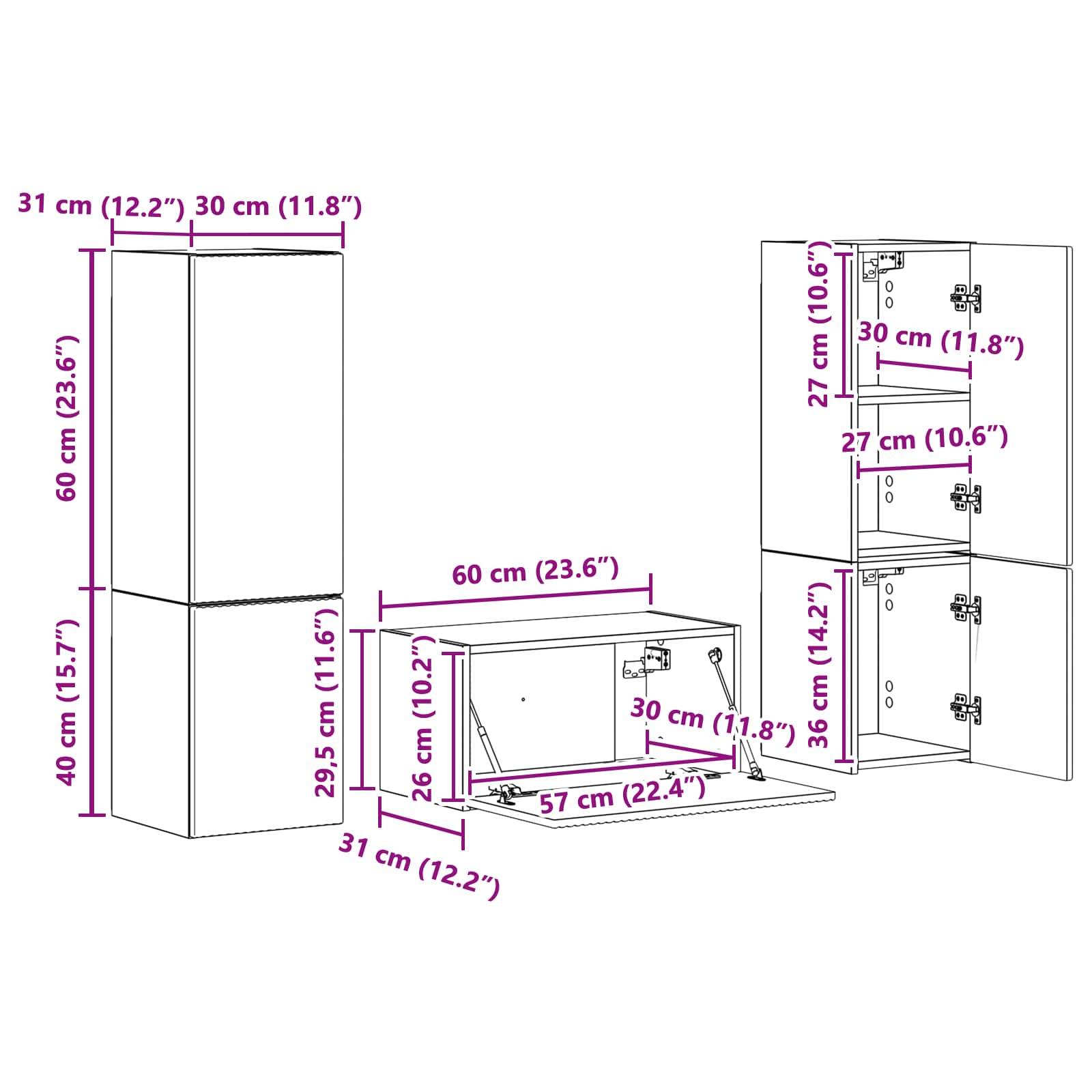 Schrank-Layout mit Abmessungen. Drei Fächer: 60 cm (23,6