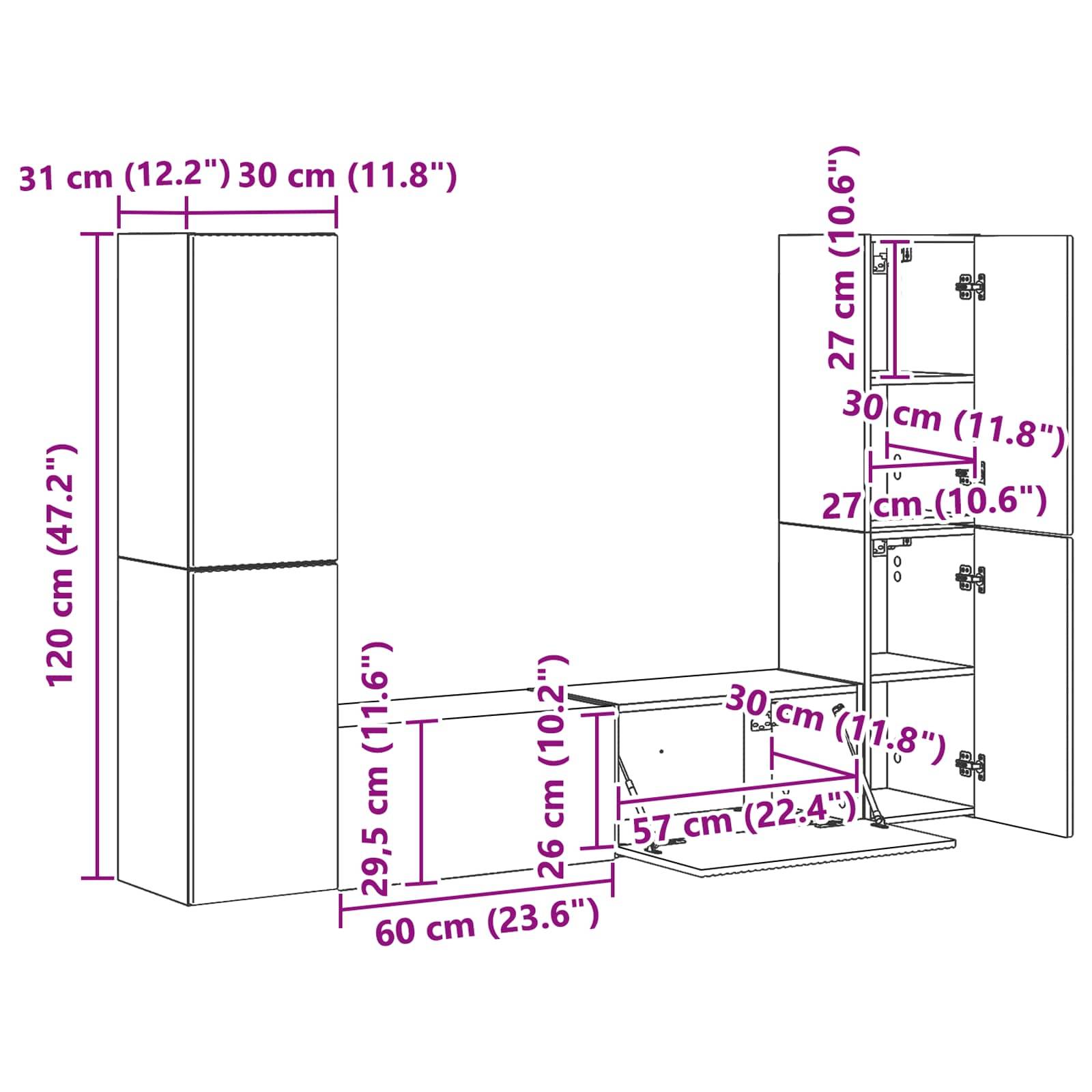 Diagramm von Küchenschränken mit Abmessungen in Zentimetern und Zoll. Hauptschrank: 120 cm (47,2'') hoch. Verschiedene Regale und Türen mit spezifischen Maßangaben gekennzeichnet.