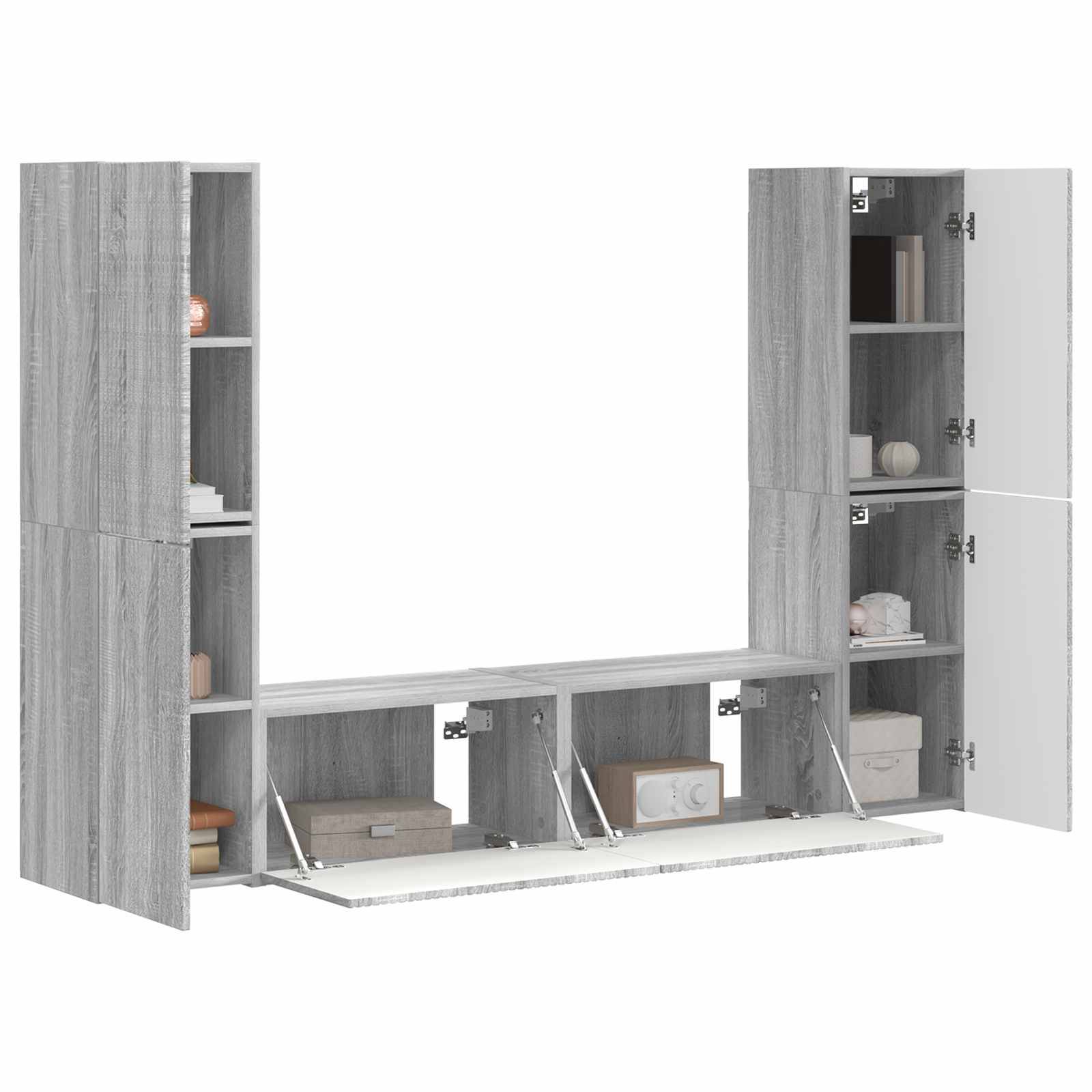 Ein grauer Holzwandschrank mit mehreren Regalen und Klapptüren, der verschiedene Gegenstände zur Aufbewahrung enthält.