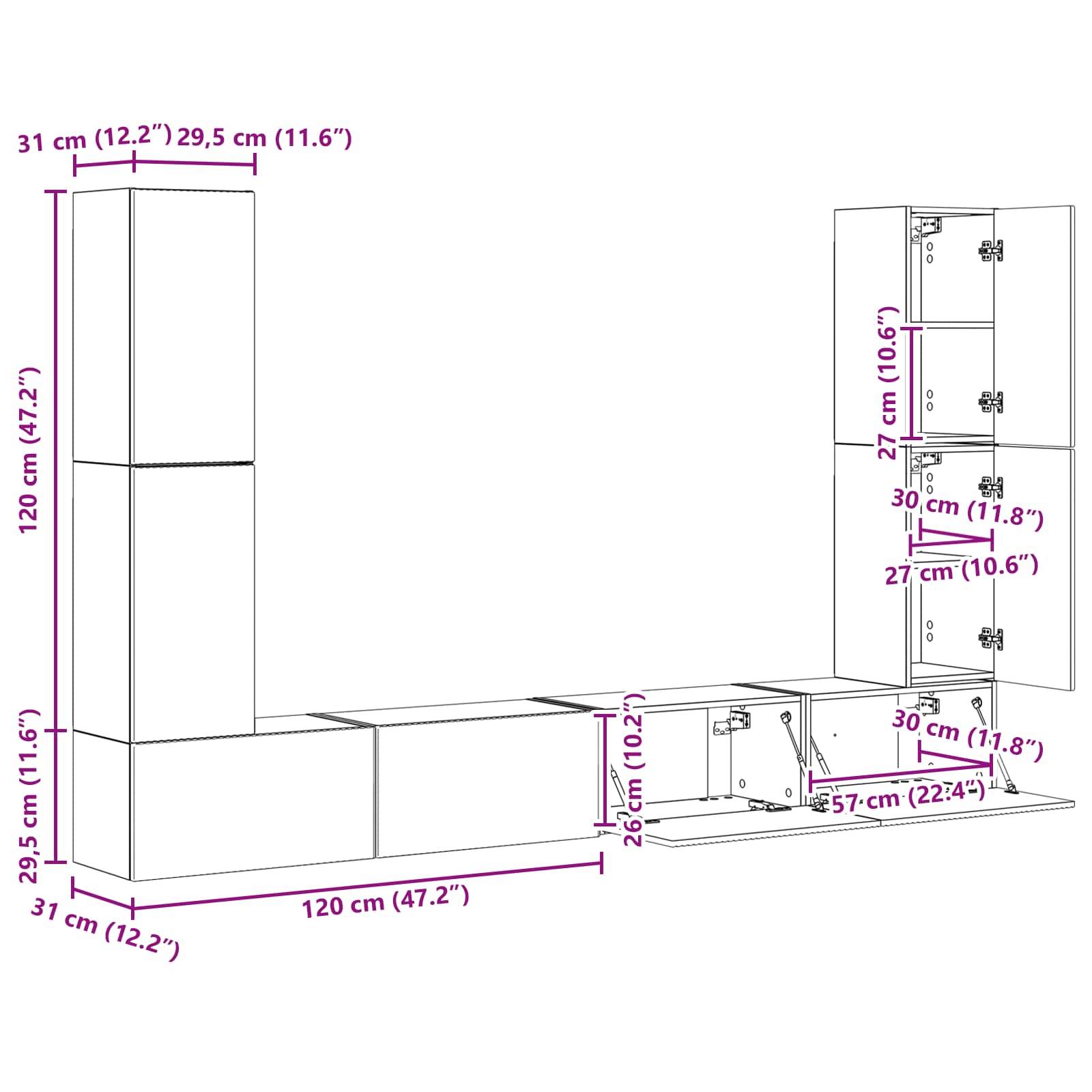 Diagramm mit den Abmessungen von Küchenschränken in Zentimetern und Zoll. Höhen reichen von 26 cm (10,2