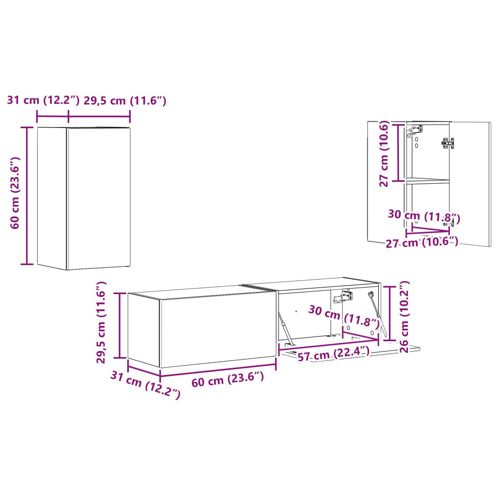 Abbildung der Schrankkabinettabmessungen: 60 cm hoch, 29,5 cm tief und 60 cm breit. Zusätzliche Offenansicht zeigt 57 cm Tiefe bei geöffneter Tür.