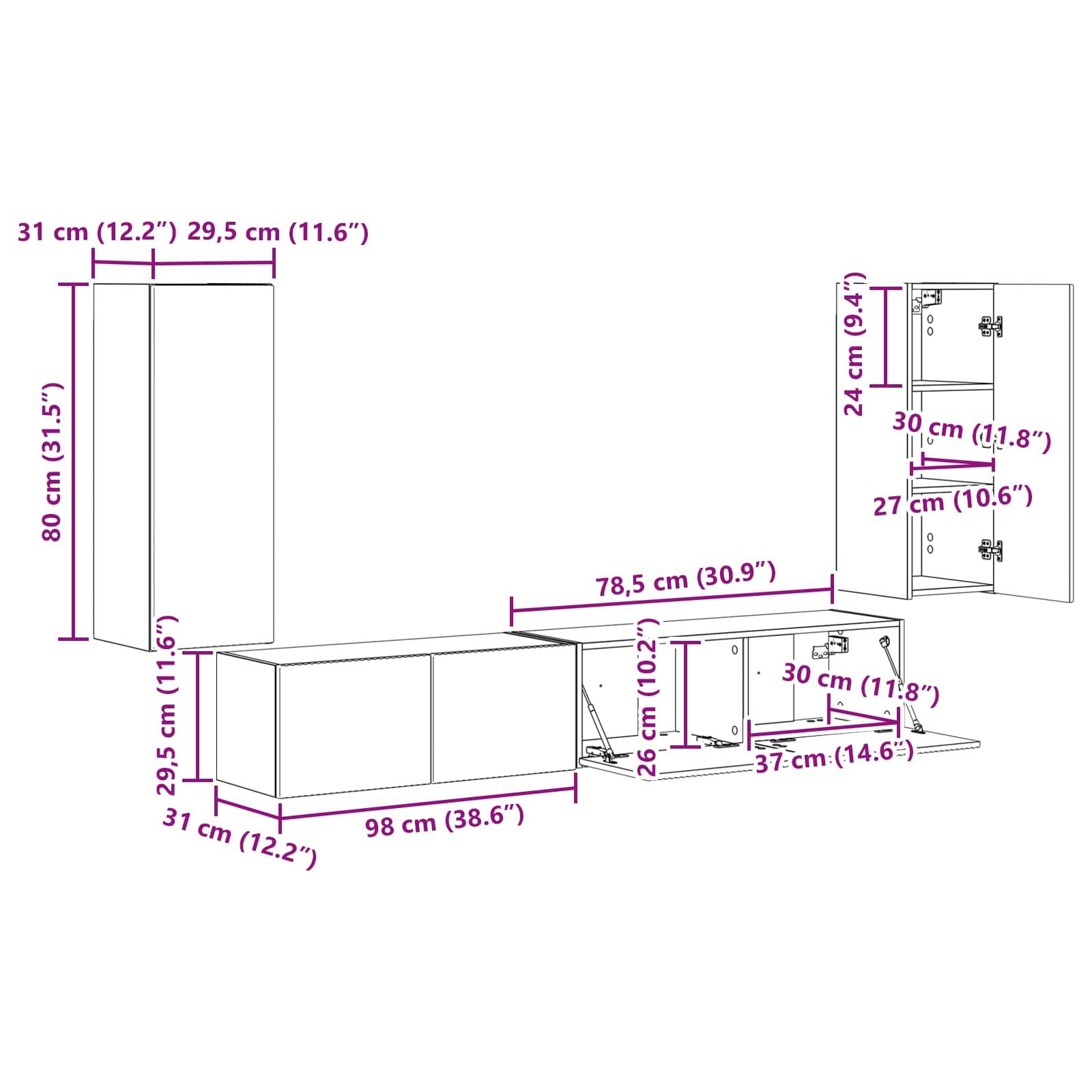 Möbellayout mit präzisen Maßen: hoher Schrank (31x80 cm), zwei Schränke (98x29,5 cm, 78,5x29,5 cm), Hängeschrank (30x27 cm).