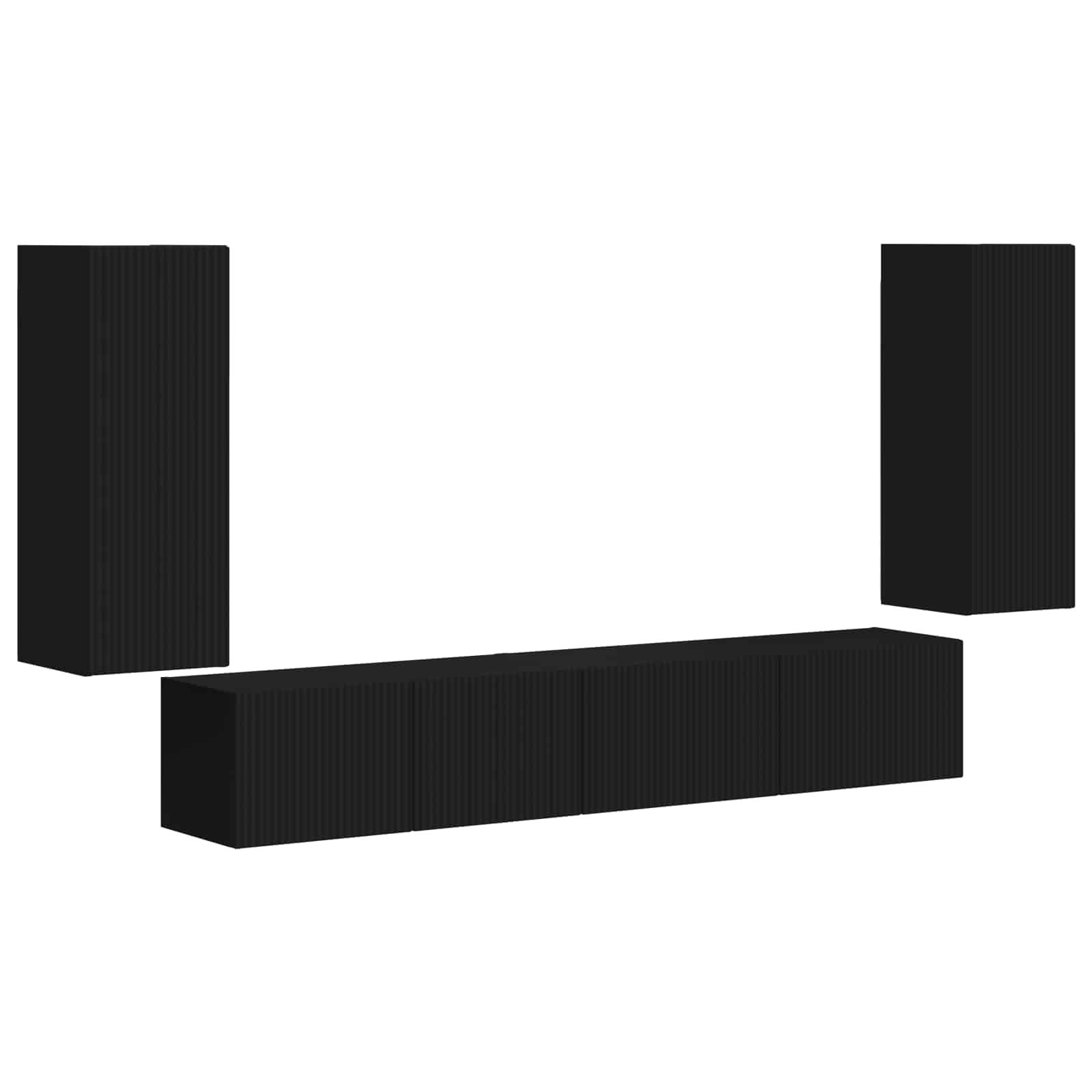 Eine schlanke, moderne schwarze Wand-Entertainment-Einheit mit hohen Seitenschränken und einem zentralen horizontalen Schrank.