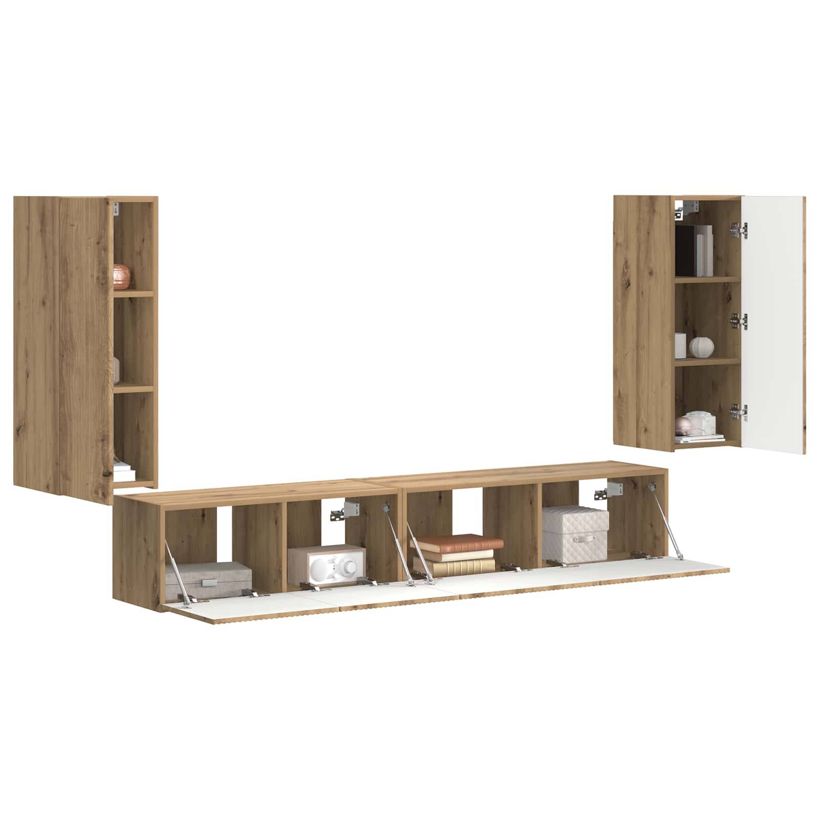 Wandhängeschrank-Set aus Holz mit mehreren offenen und geschlossenen Fächern, auf dem verschiedene Dekorationsgegenstände und Aufbewahrungsboxen präsentiert werden.