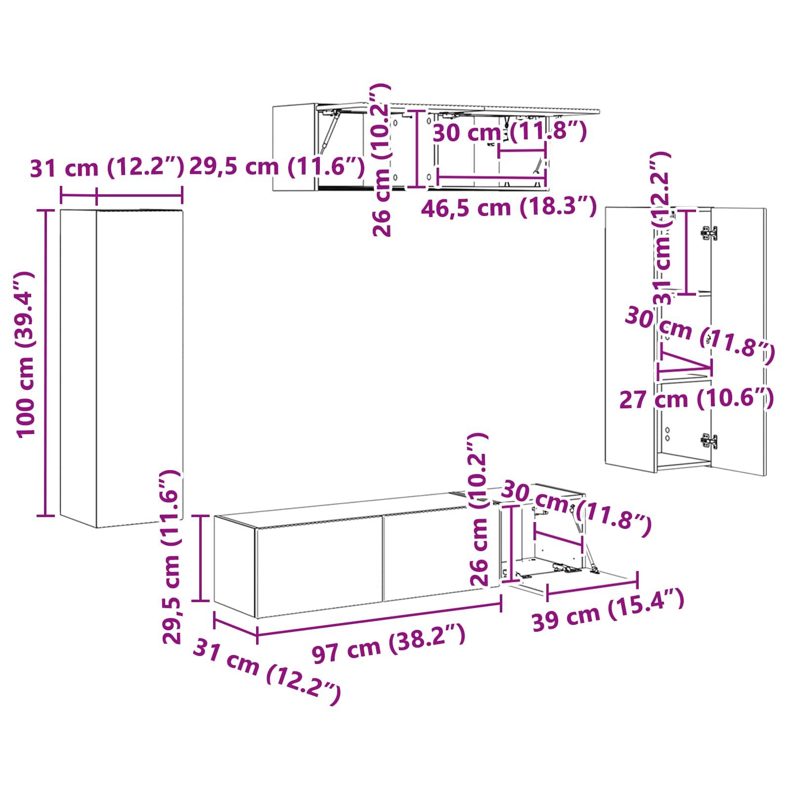 Raumskizze der Möbelanordnung mit Maßen: Oberschrank (46,5 cm breit, 30 cm tief), Unterschränke (97 cm breit, 39 cm tief).