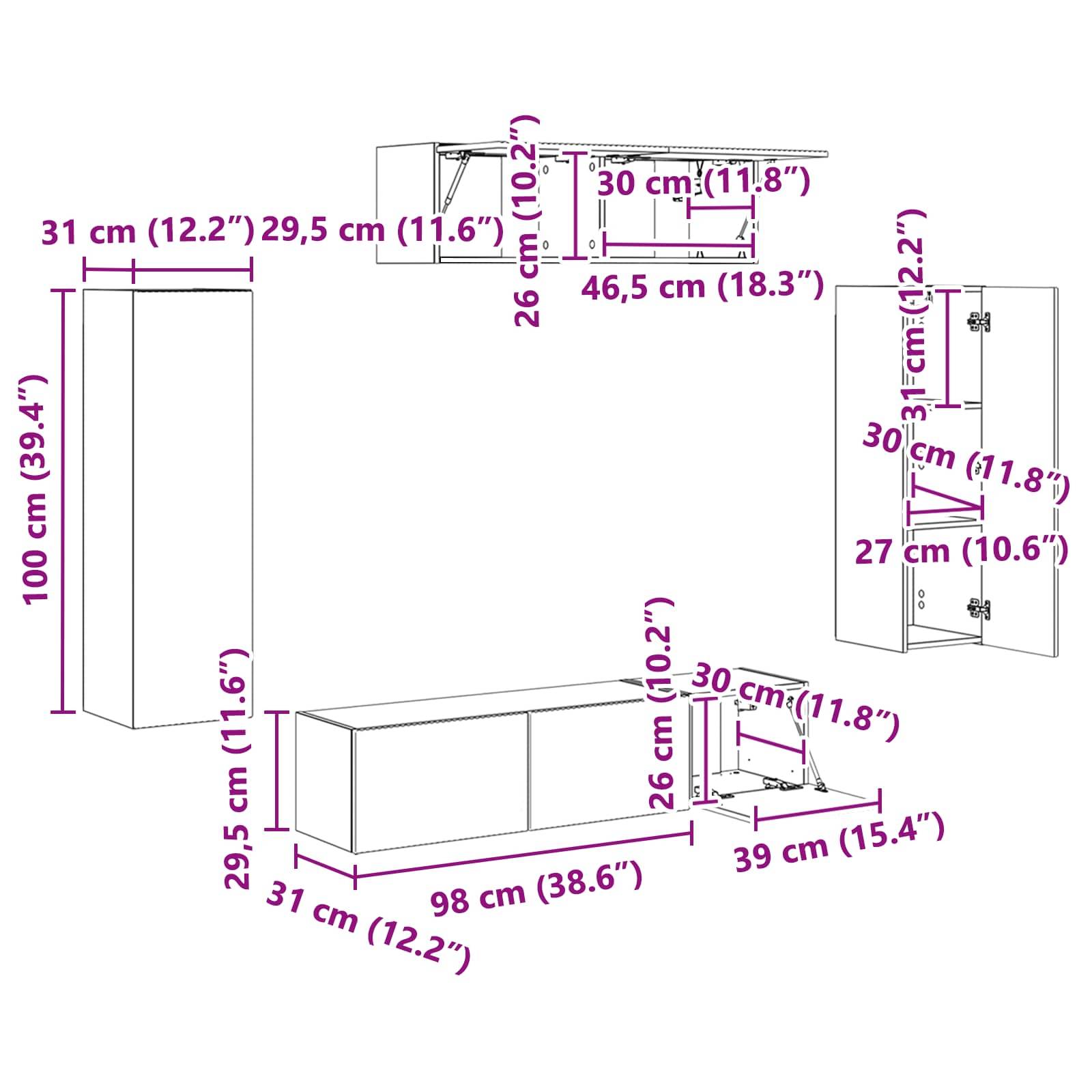 Schrankaußenmaße: Links: 100 cm x 31 cm. Oberes Element: 46,5 cm x 30 cm. Unteres Element: 29,5 cm x 98 cm. Rechts: 39 cm x 30 cm. Maße in cm und Zoll.