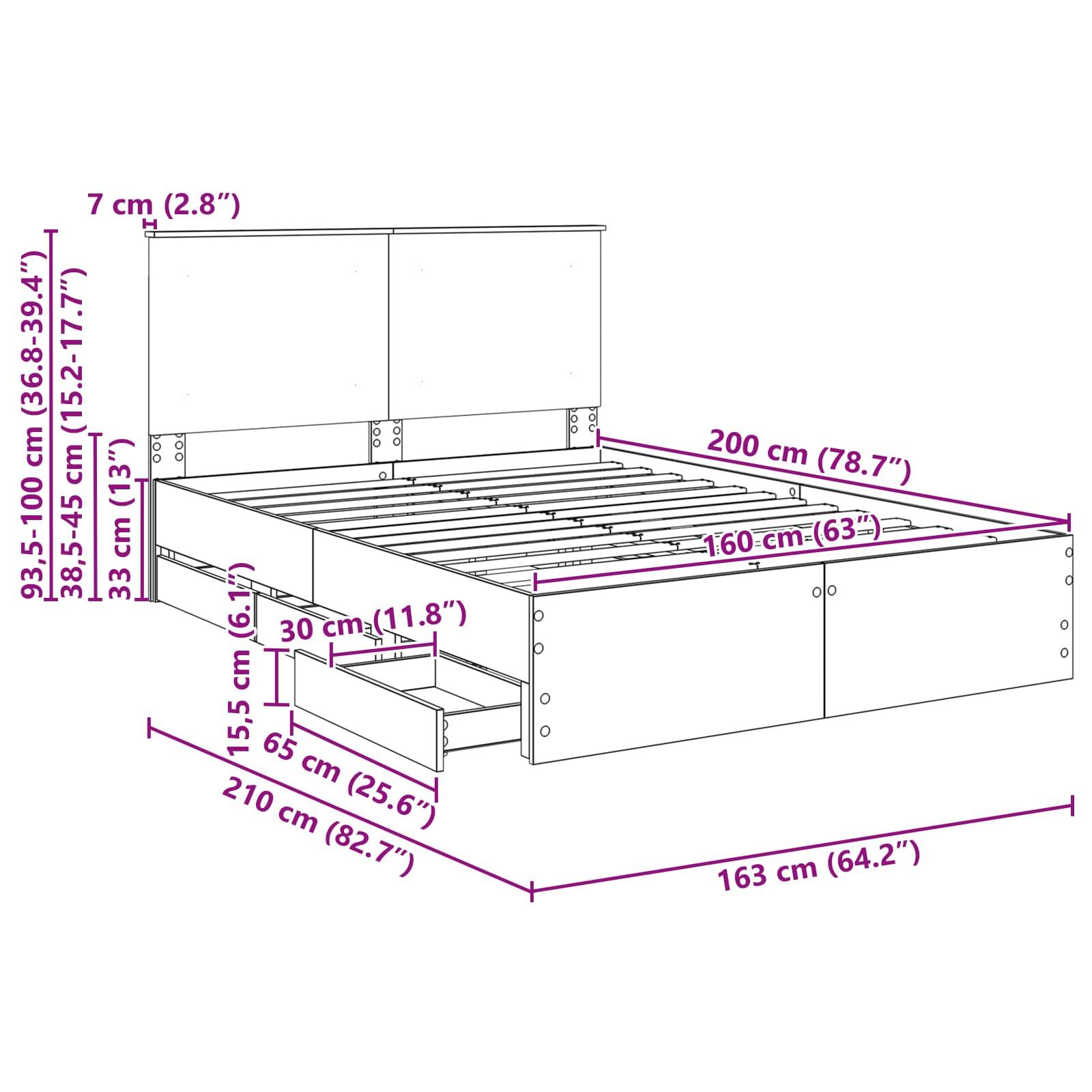 Diagramm eines Bettgestells mit detaillierten Maßangaben: Höhe 93,5-100 cm, Breite 163 cm, Länge 210 cm, Kopfteil 93,5-100 cm.