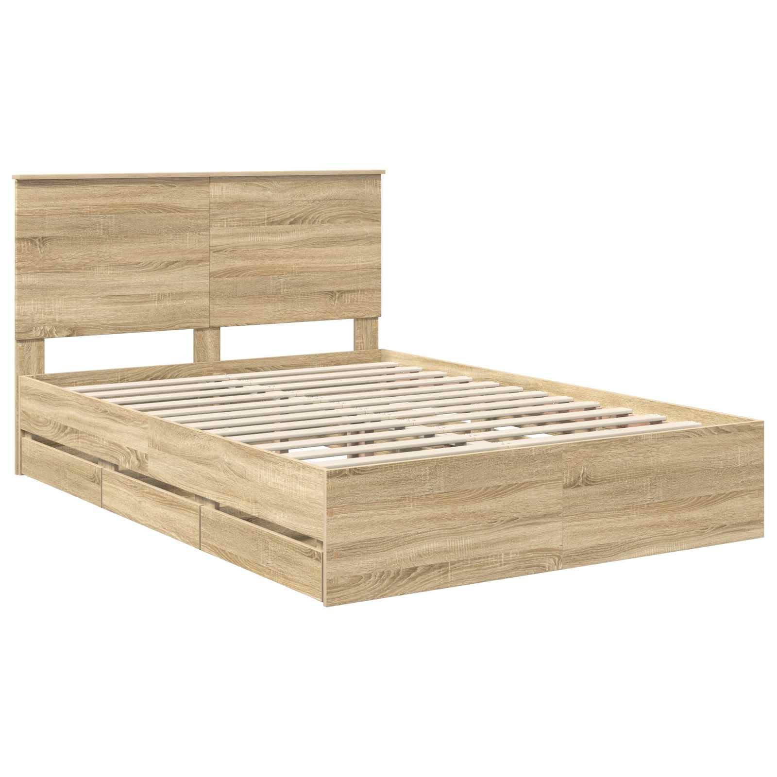 Holzrahmen für ein Bett mit Lattenrost, versehen mit einem hohen, schlichten Kopfteil und Schubladen unter dem Bett.